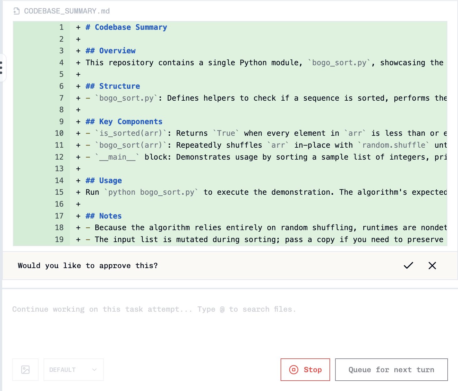 Approval prompt showing tick and cross buttons to approve or deny an agent action