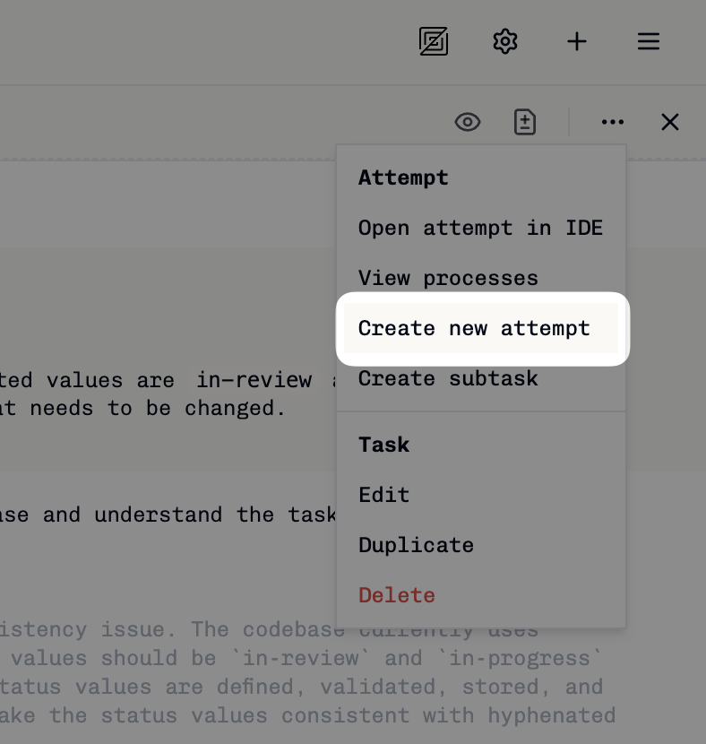 Create new task attempt dialog showing configuration options