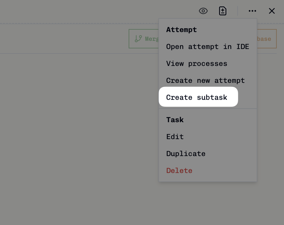 Current attempt toolbar showing the Create Subtask button with GitFork icon