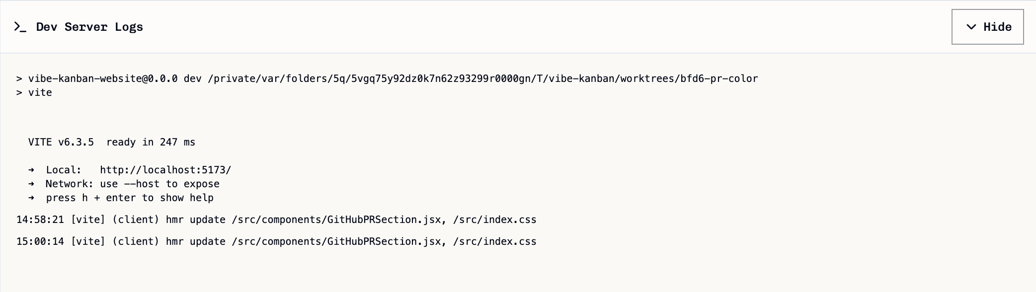 Dev Server Logs showing expandable/collapsible log output at bottom of preview