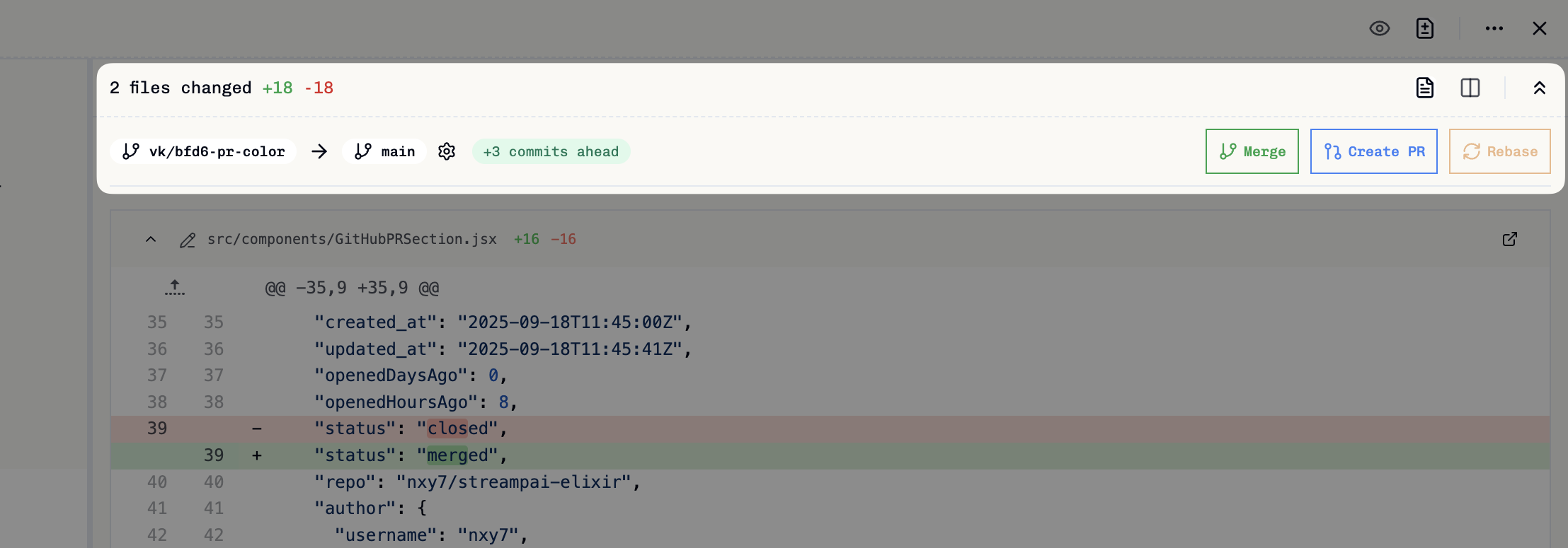 Diff header showing branch information and action buttons