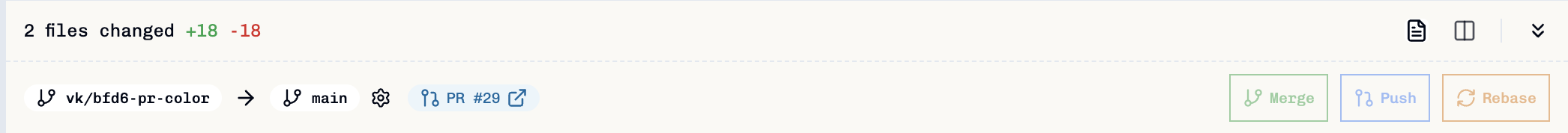 Header showing disabled Push button after pull request creation