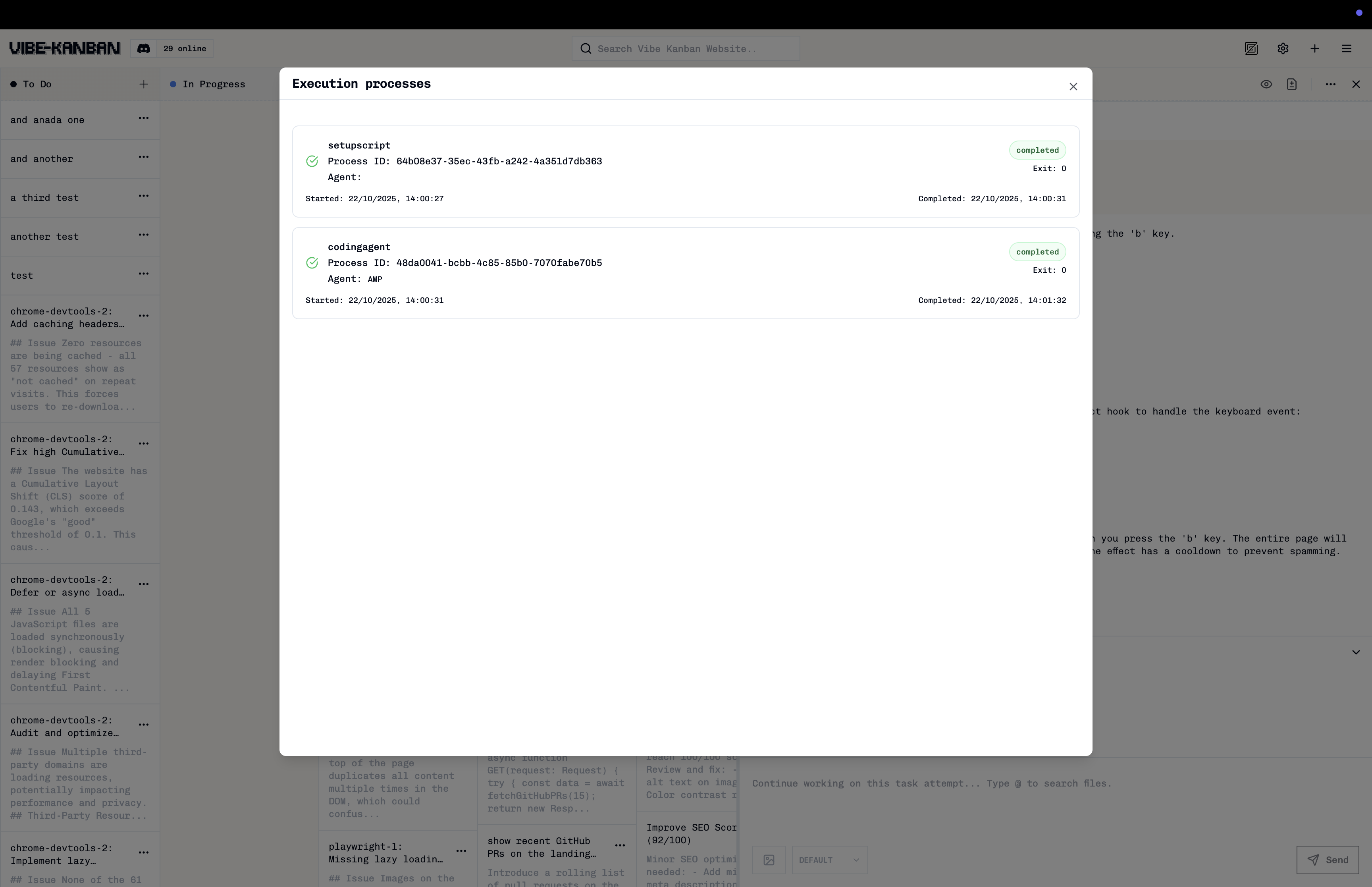 Processes dropdown showing coding agent and development server processes