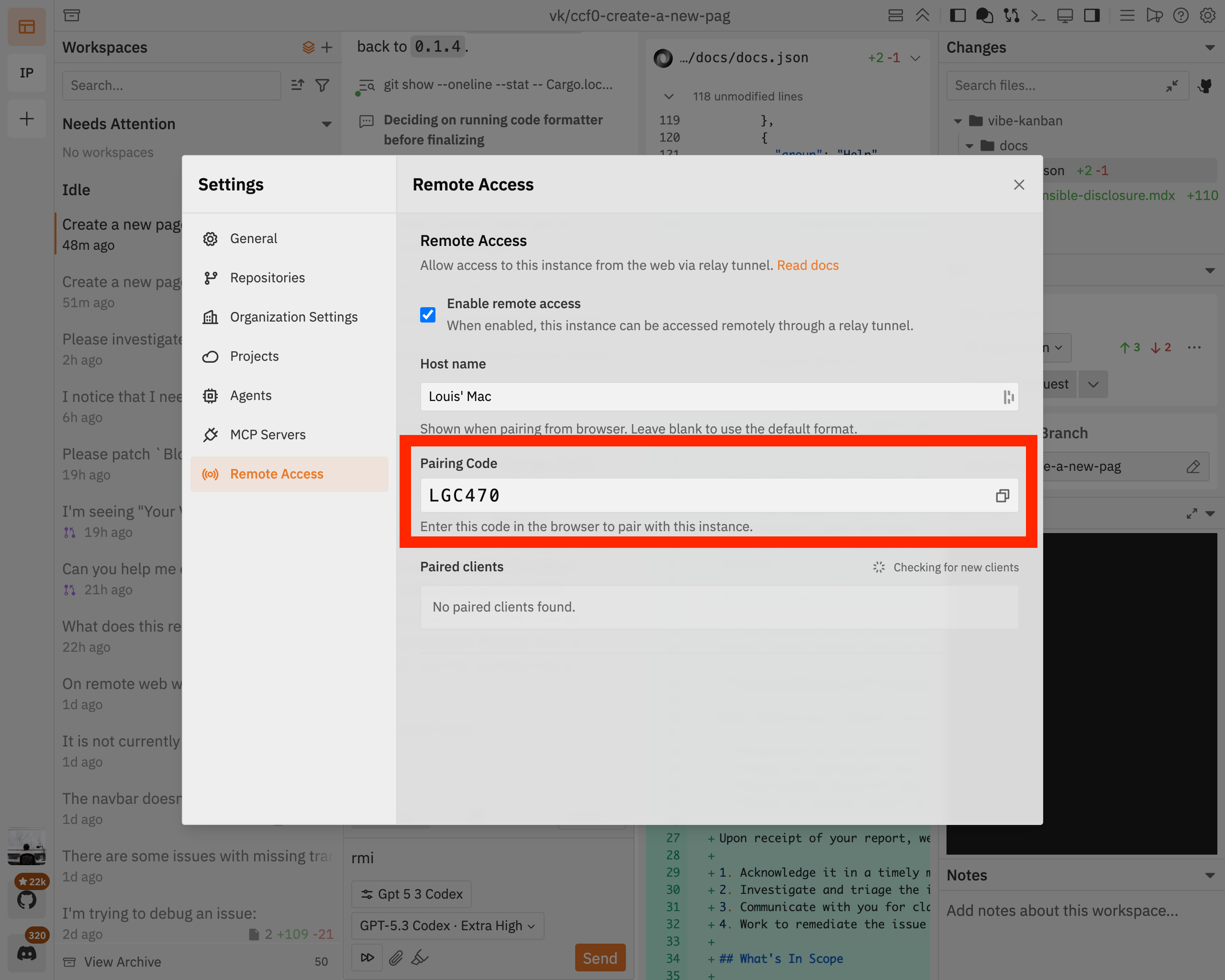 Pairing code modal on the host device showing the generated code