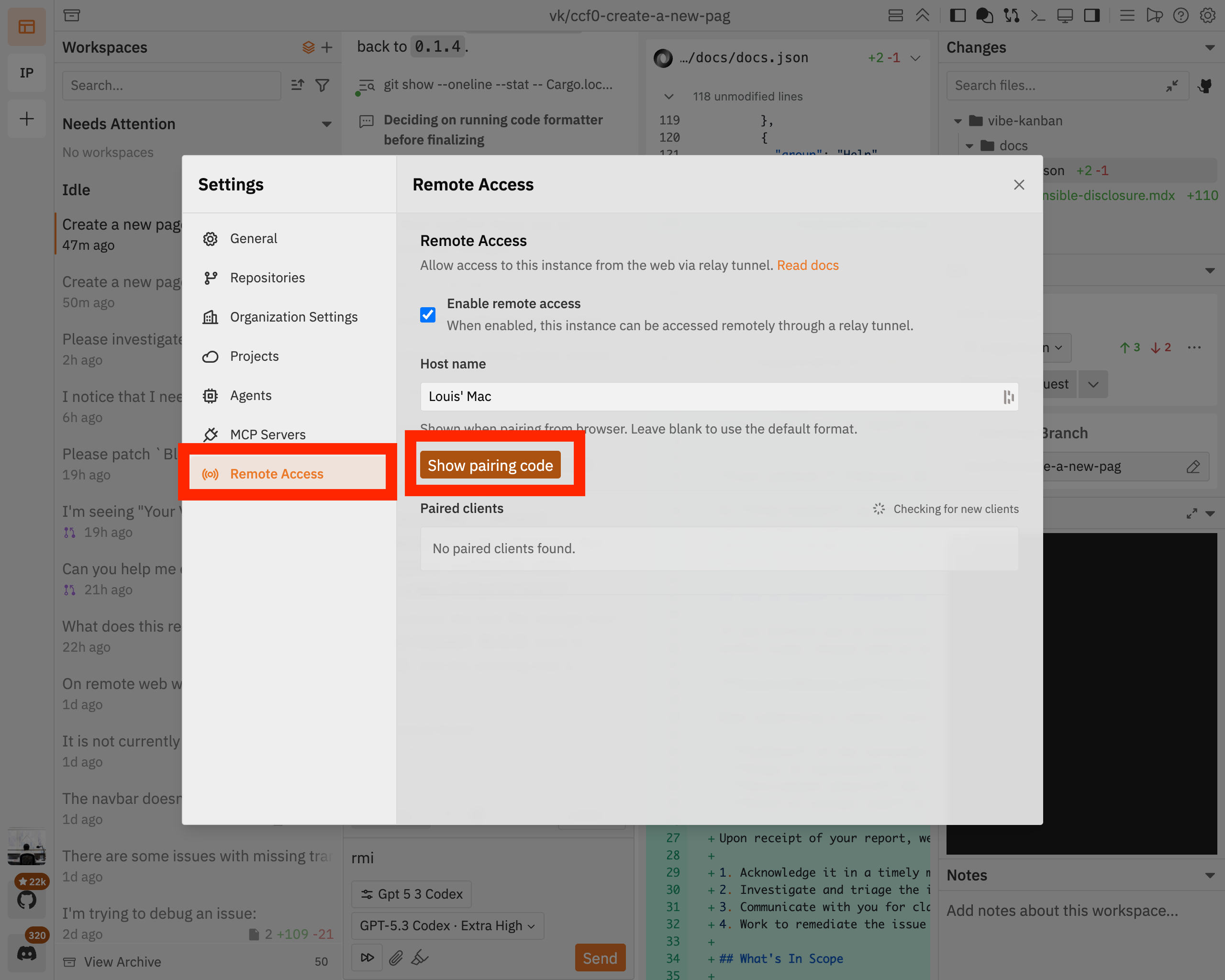 Remote Access settings page on the host device with the Show pairing code button