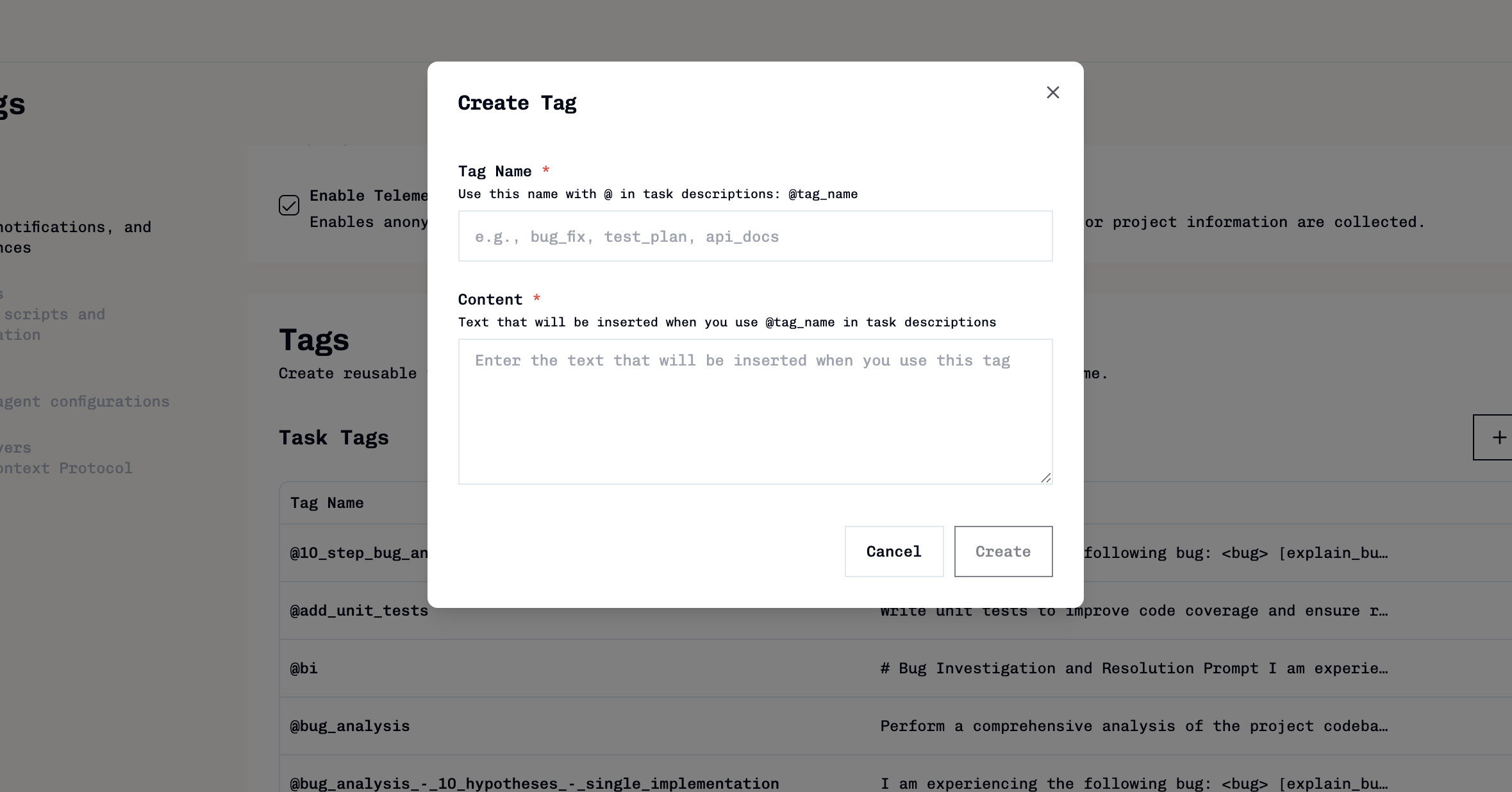 Create task tag dialogue showing tag name and content fields