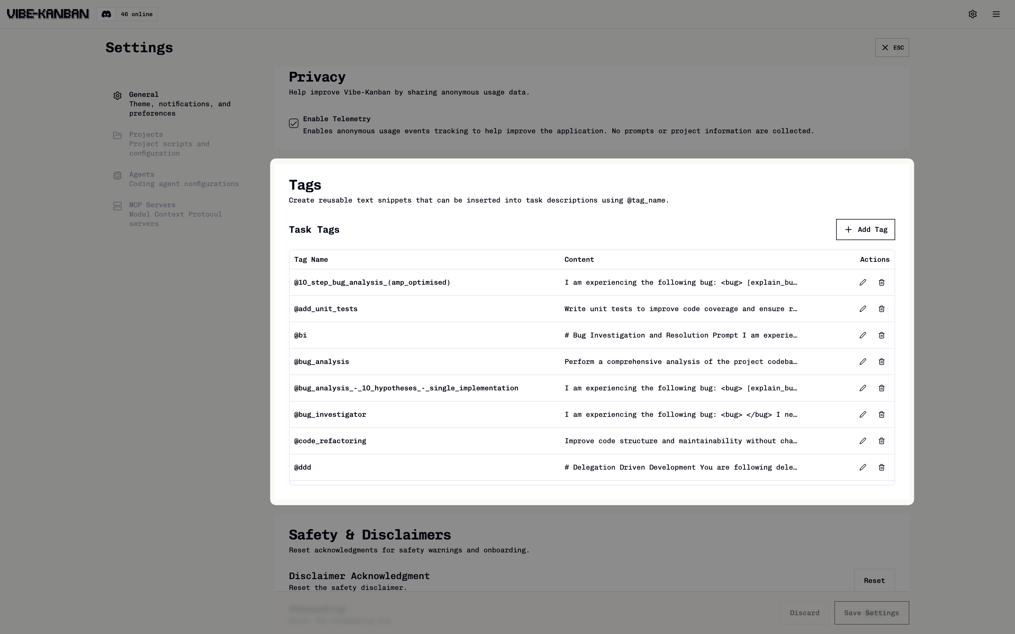 Task tags management interface showing the tag list with names and content