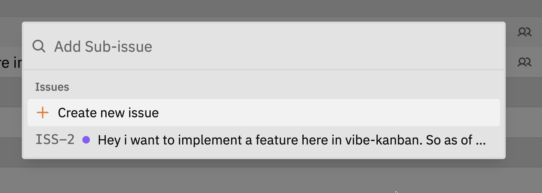 Add Sub-issue dropdown showing Create new issue and existing issues to link