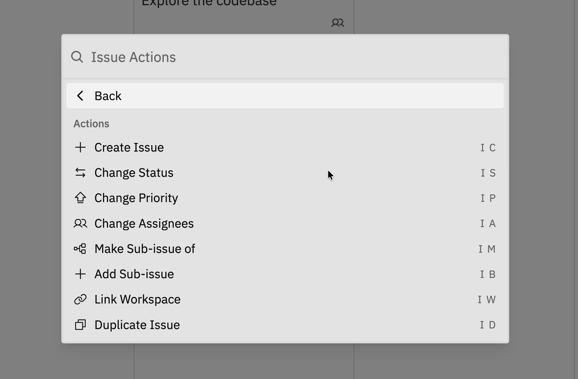 Issue Actions menu showing all available actions with keyboard shortcuts