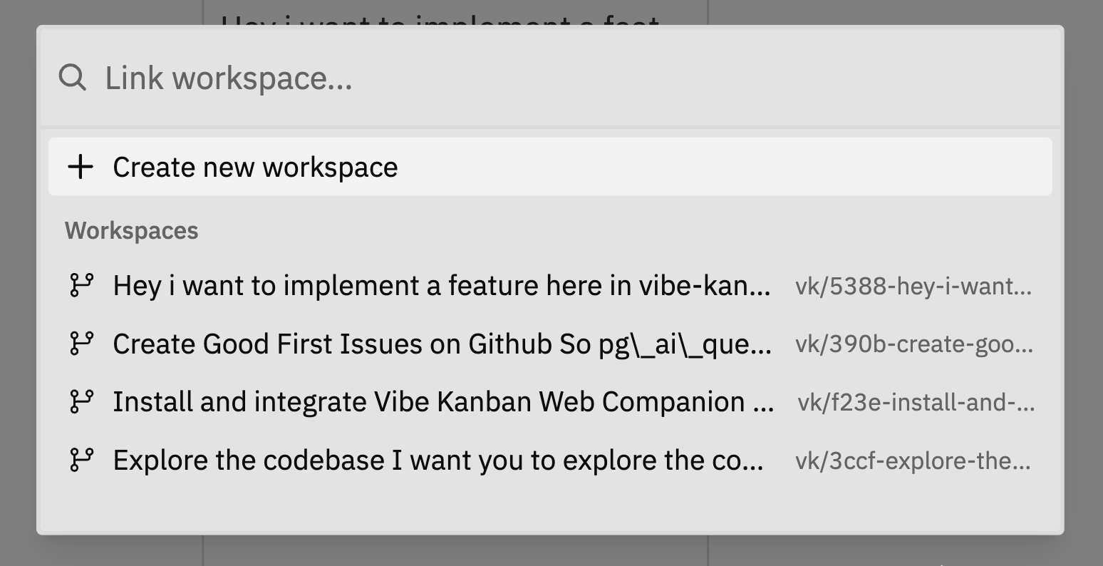 Link workspace dropdown showing Create new workspace and existing workspaces
