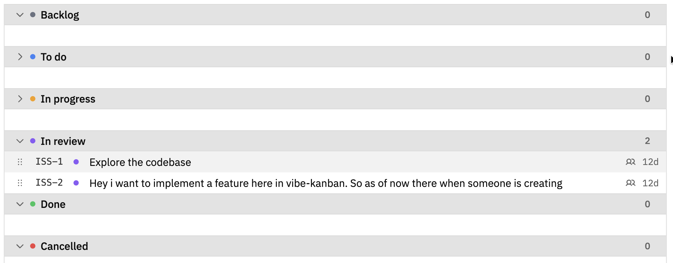 List view showing status sections with issues grouped by status