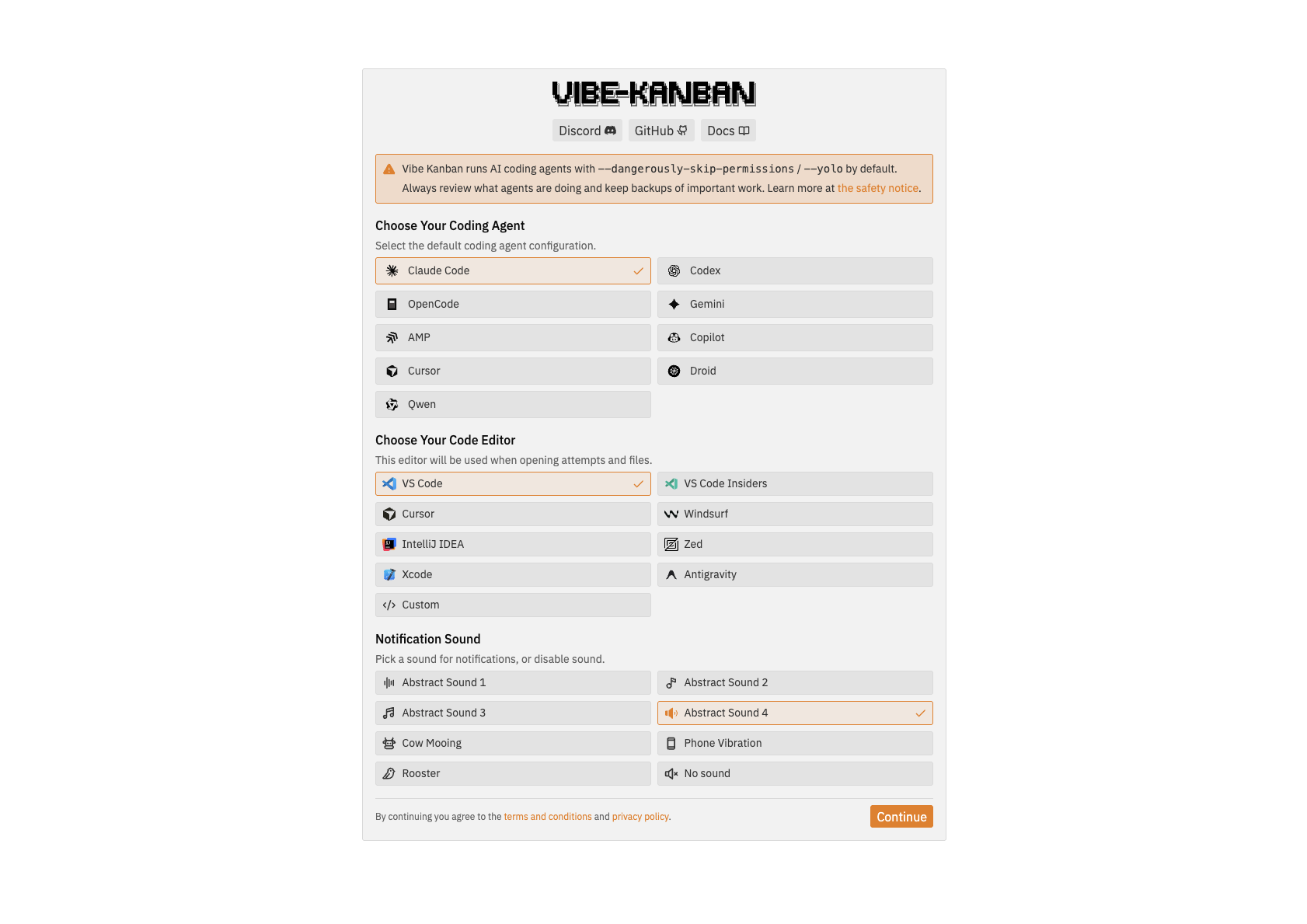 Placeholder image for preferences setup: coding agent, IDE, and sound notifications.