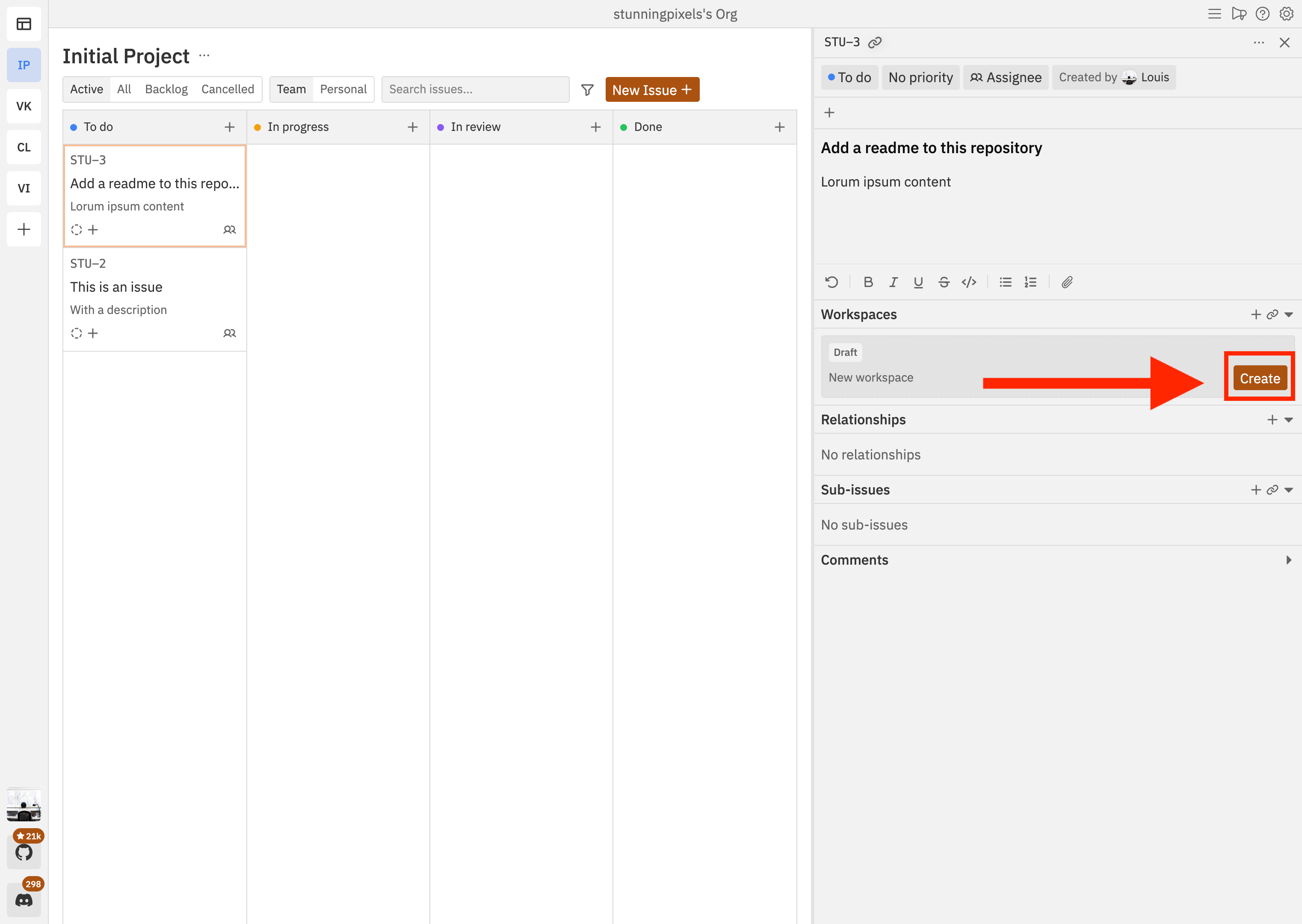 The create workspace button