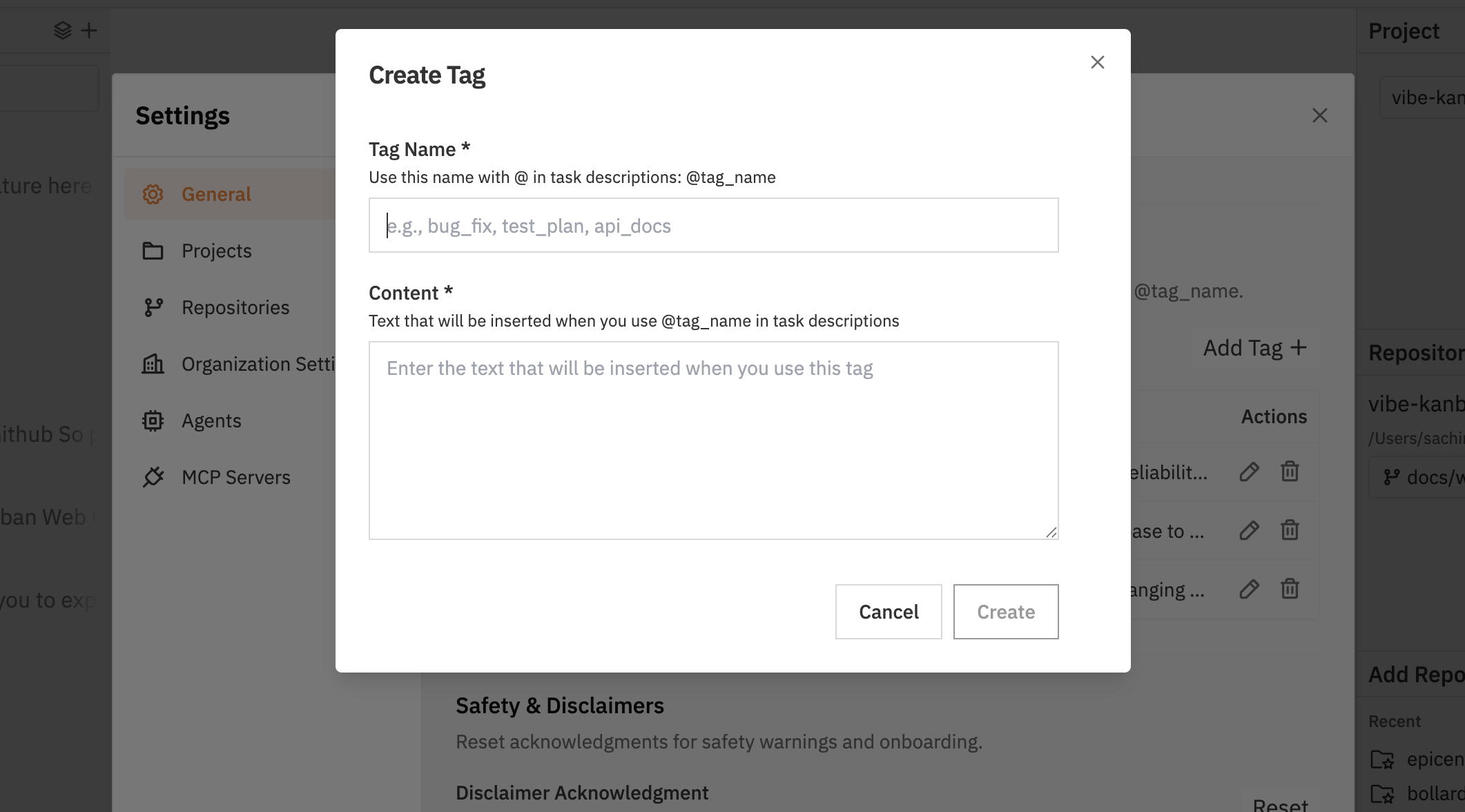 Create tag dialogue showing tag name and content fields