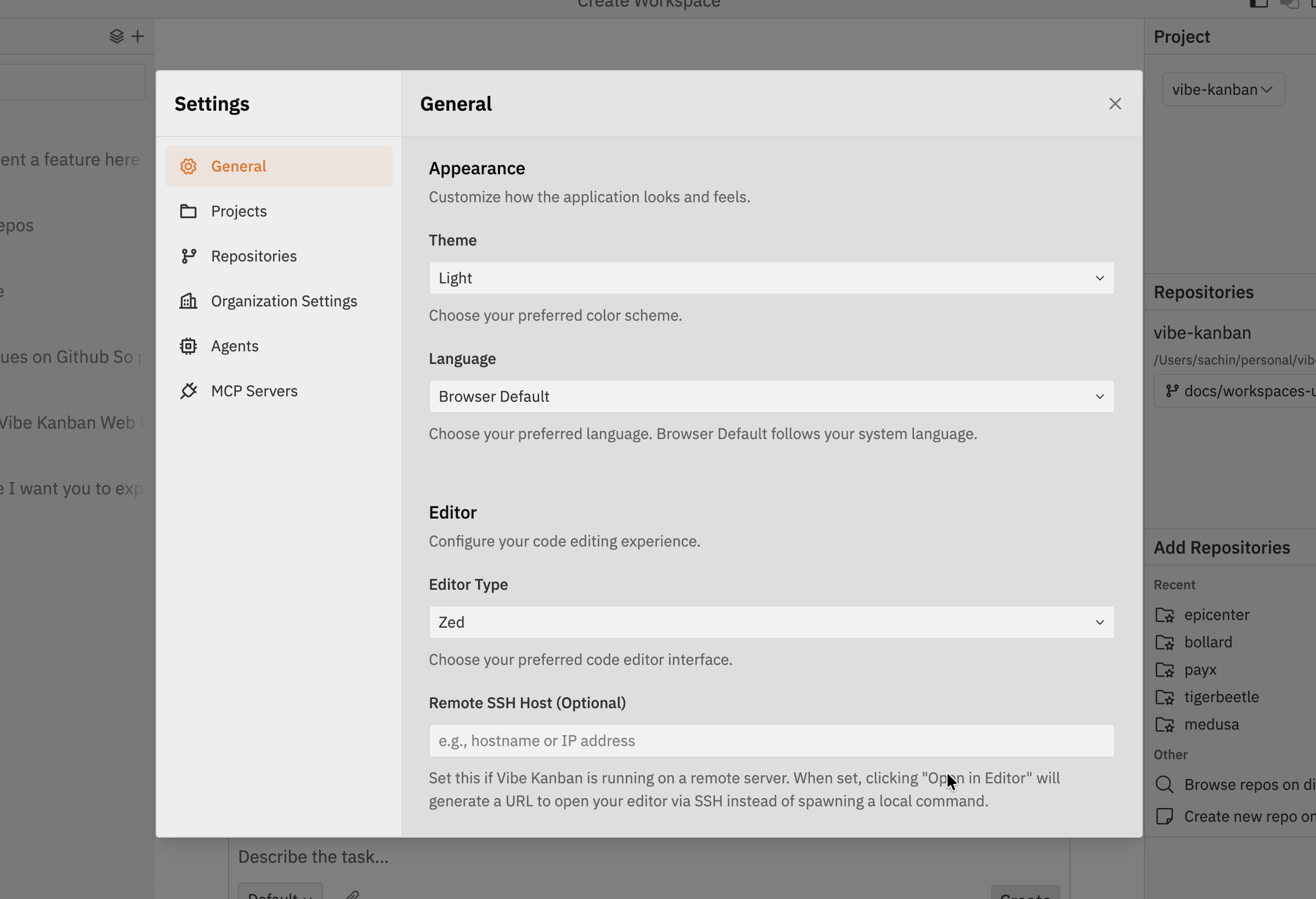 Settings dialog showing the tabbed interface with General, Projects, Repositories, Organization Settings, Agents, and MCP Servers tabs