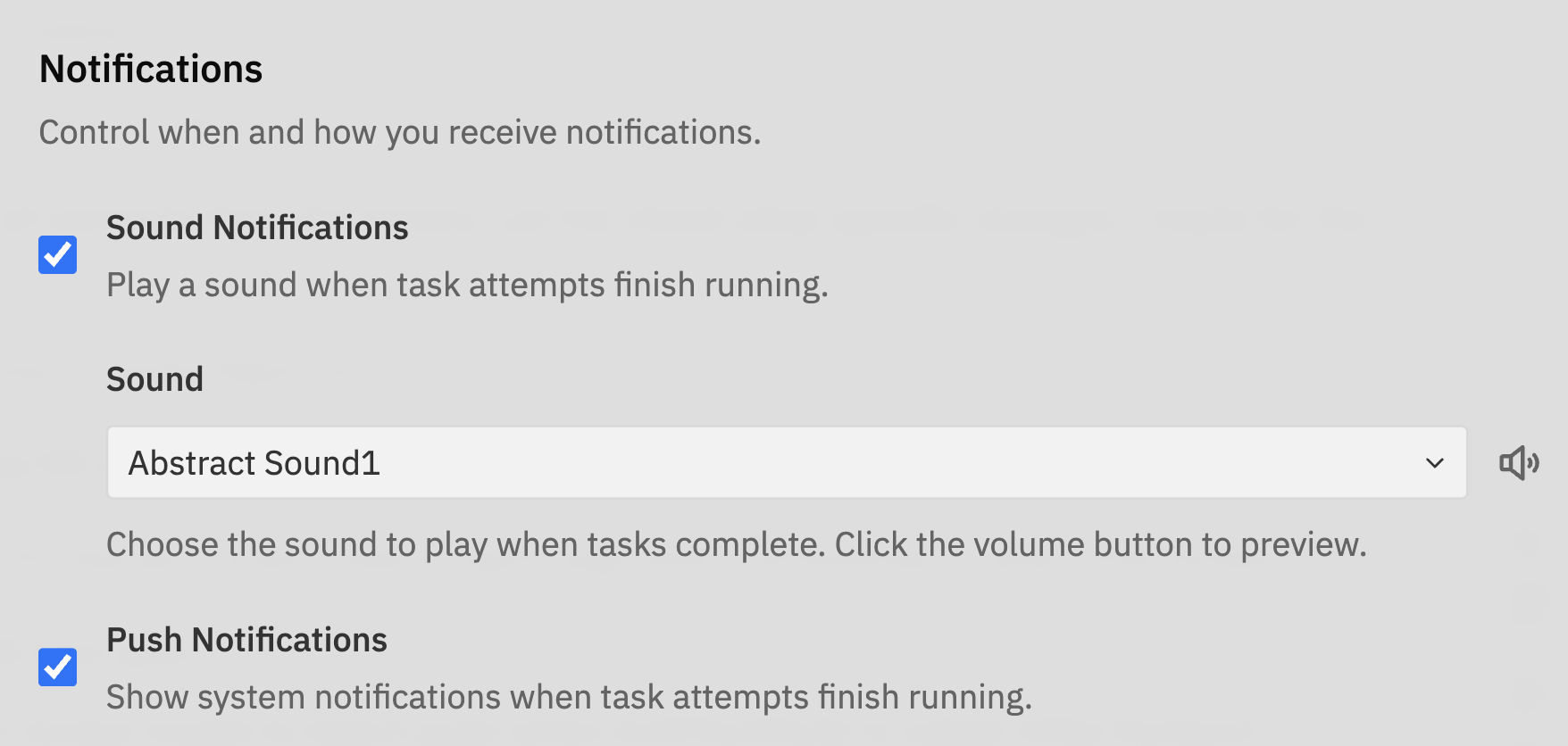 Notifications settings showing sound effects and push notifications toggles