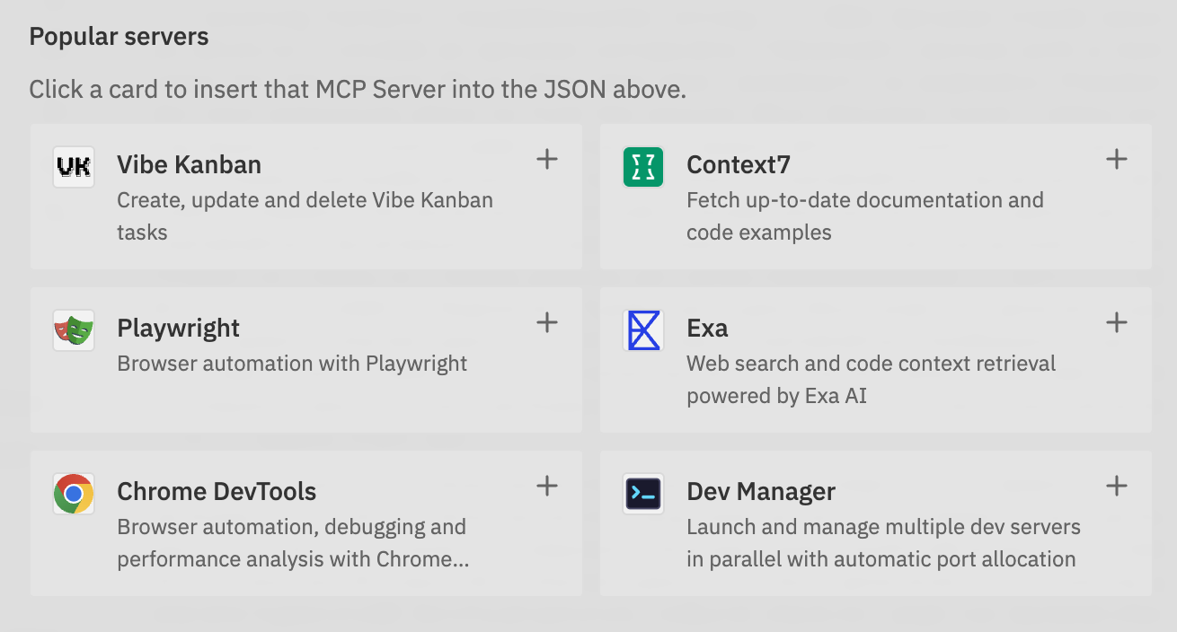 Popular MCP servers including Vibe Kanban, Context7, Playwright, Exa, Chrome DevTools, and Dev Manager