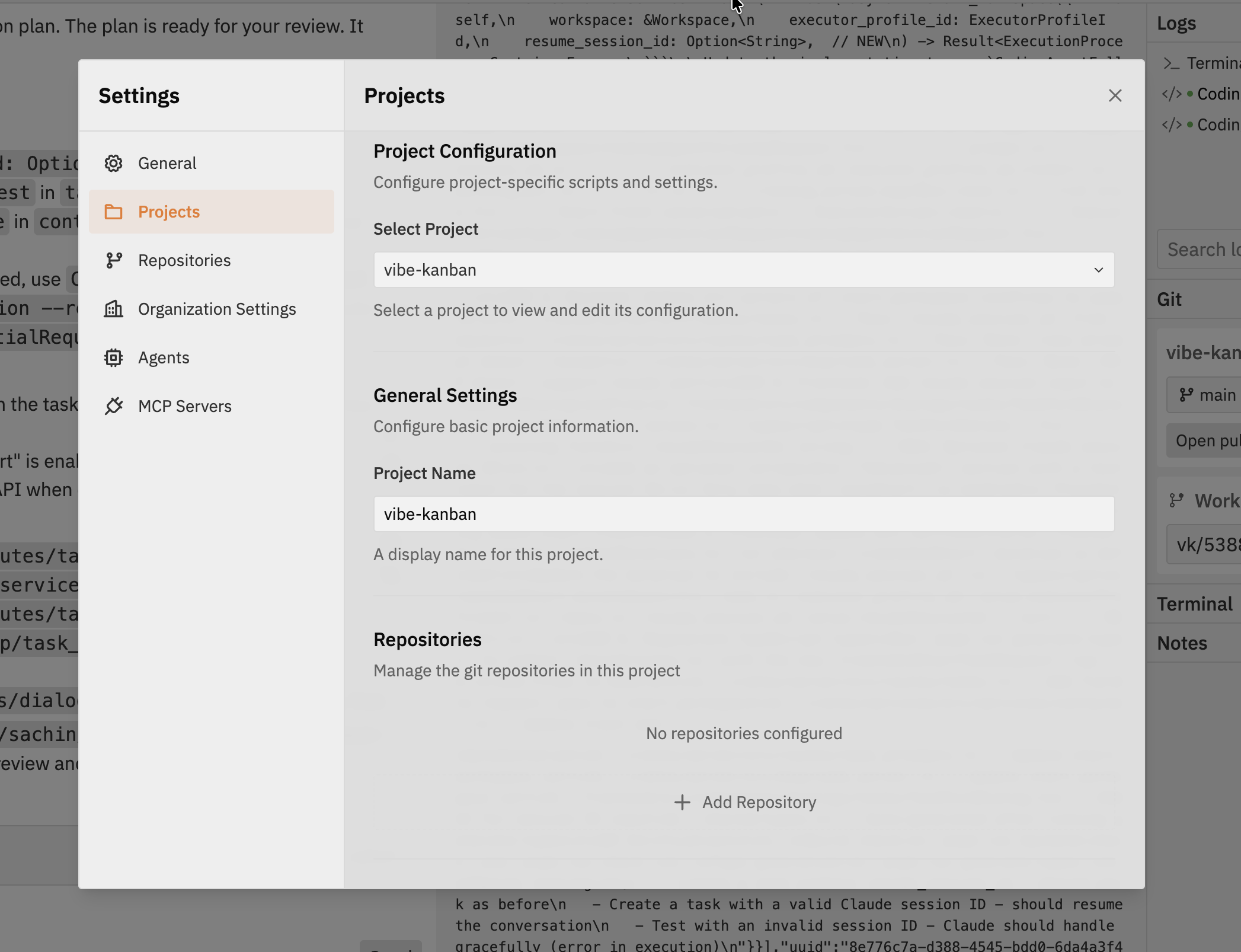 Projects tab showing project selection and project-specific settings
