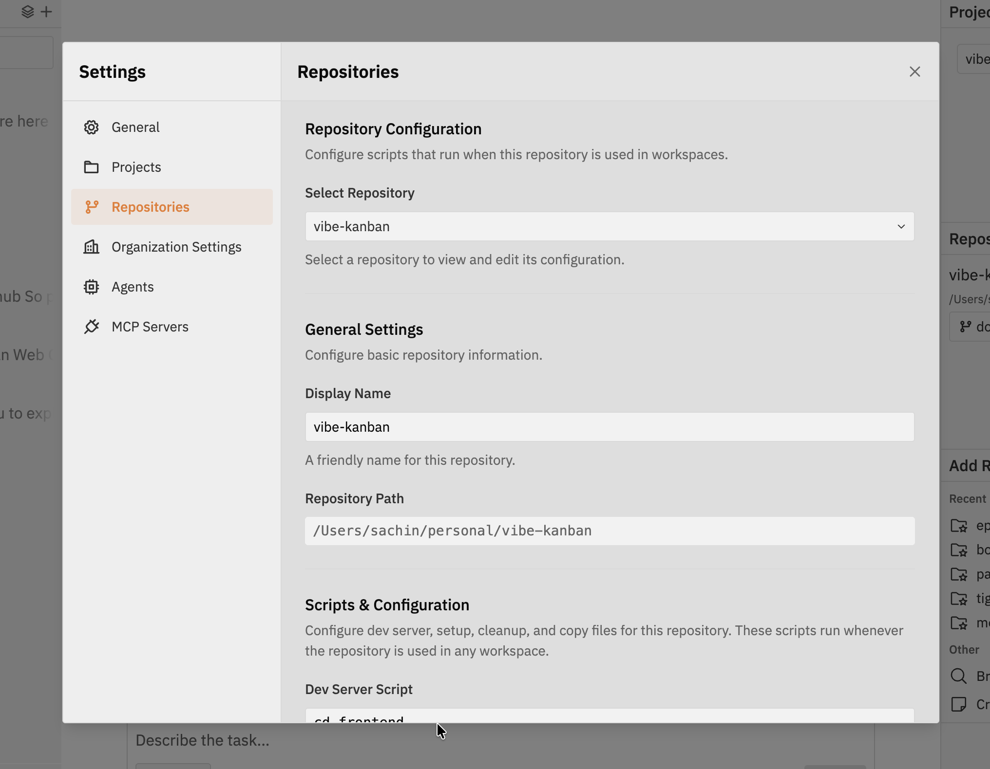 Repositories tab showing repository selection, general settings, and scripts configuration