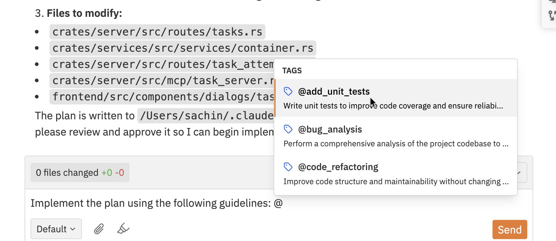 Autocomplete dropdown showing available tags after typing @ symbol