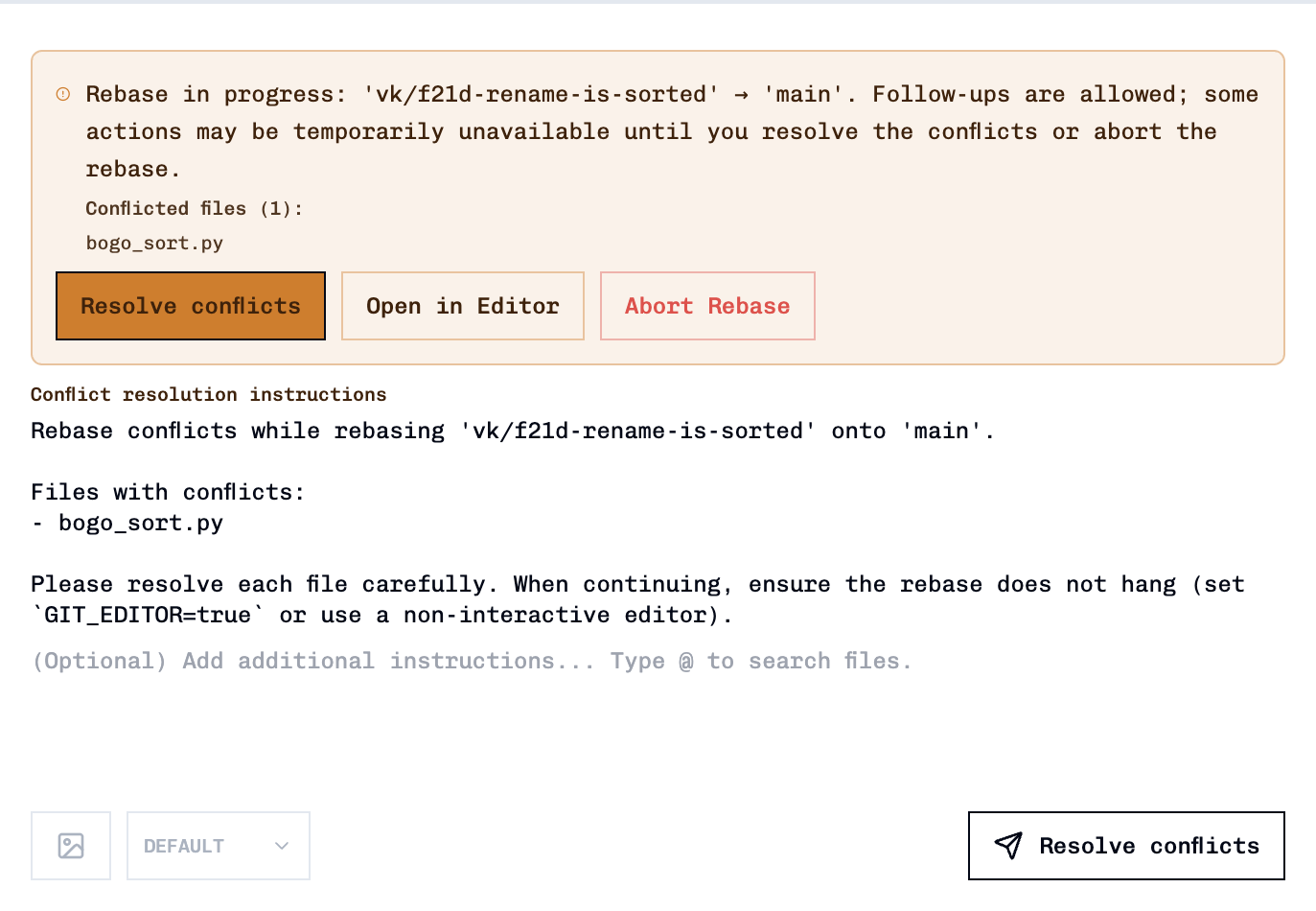 Conflict resolution banner with auto-generated instructions in the follow-up field