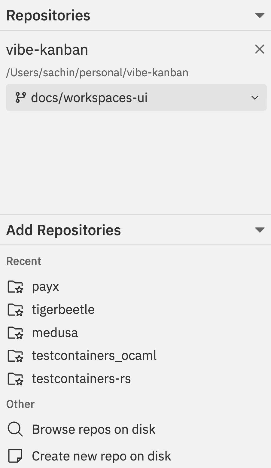 Repository selection showing selected repo with branch dropdown and list of available repositories to add
