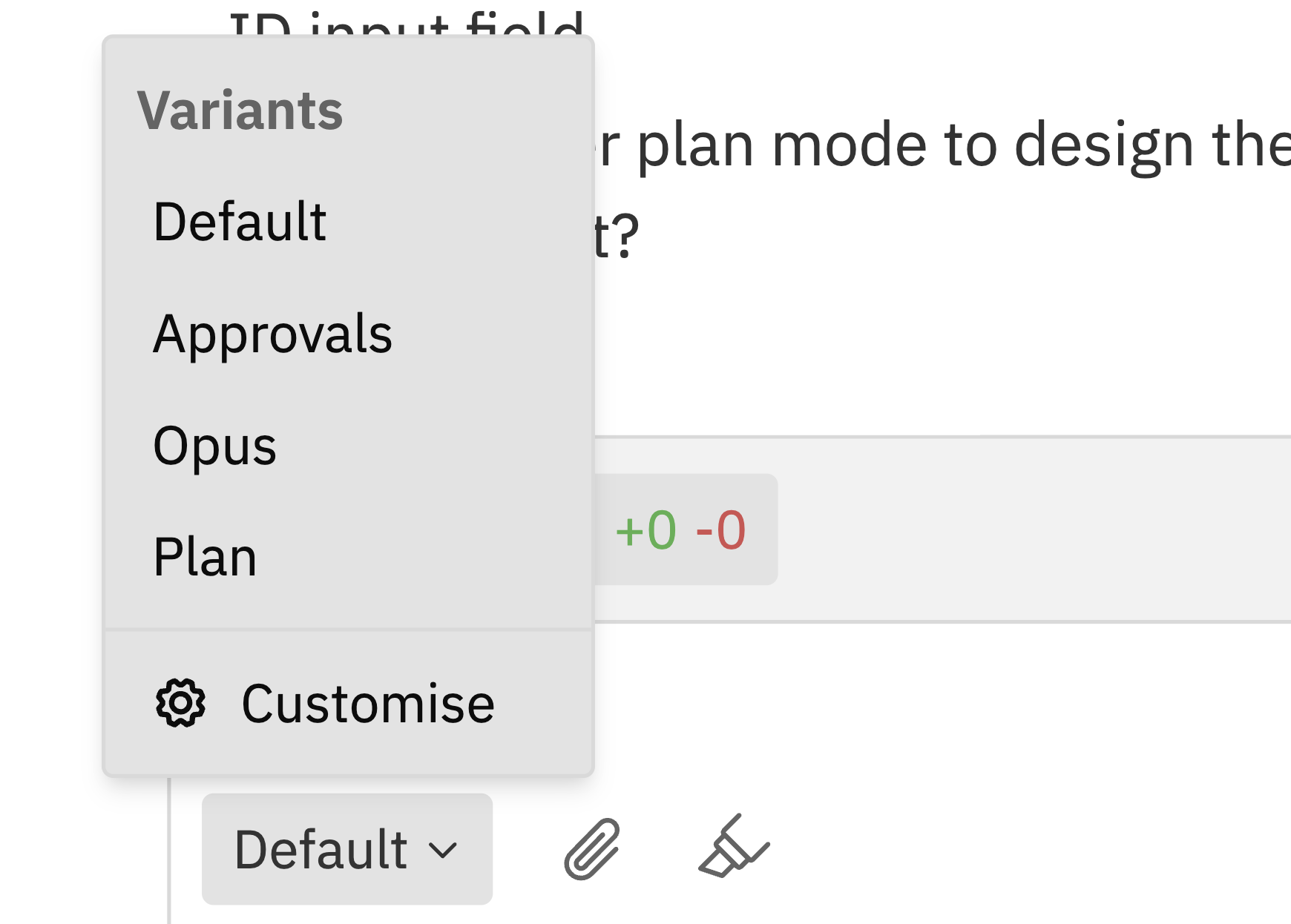 Chat input showing agent variant dropdown with Default, Approvals, Opus, and Plan options