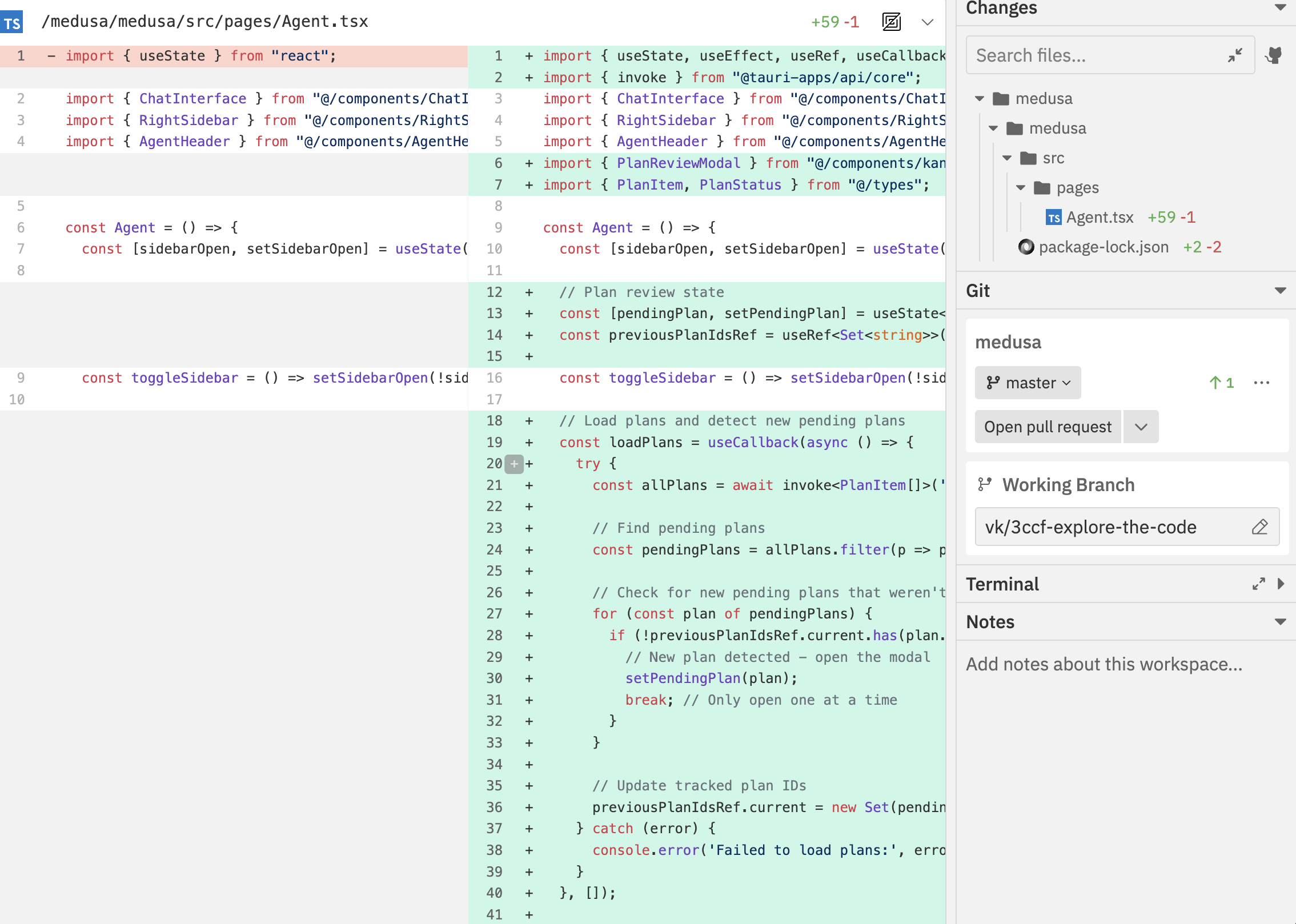 Changes panel showing file tree and side-by-side diff view with code changes