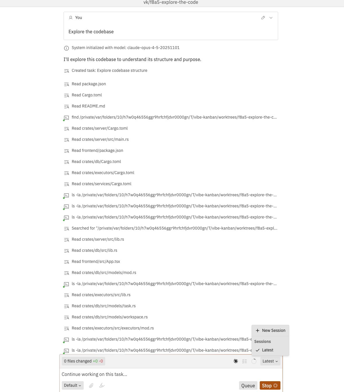 Conversation panel showing chat history with coding agent and session switcher