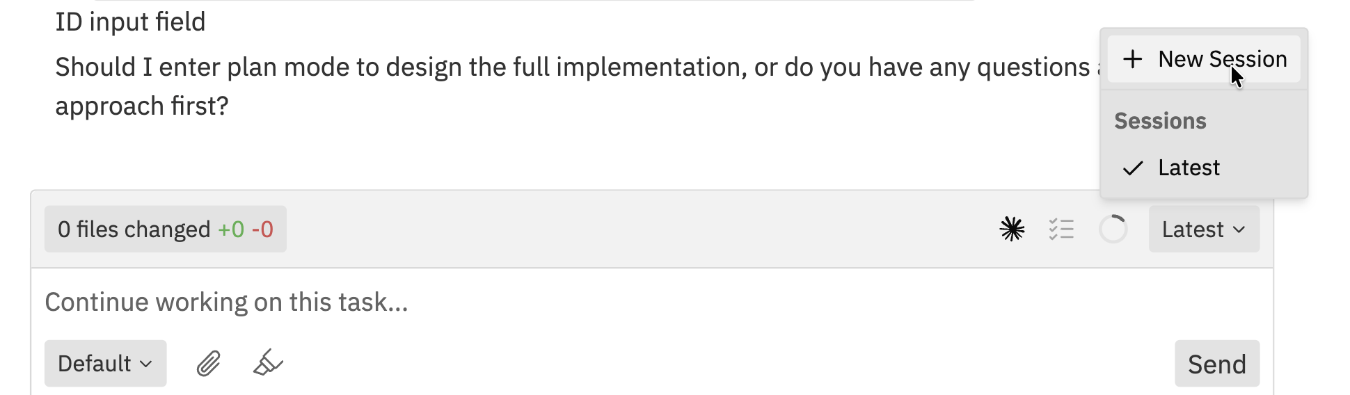 Session dropdown showing New Session option and list of existing sessions