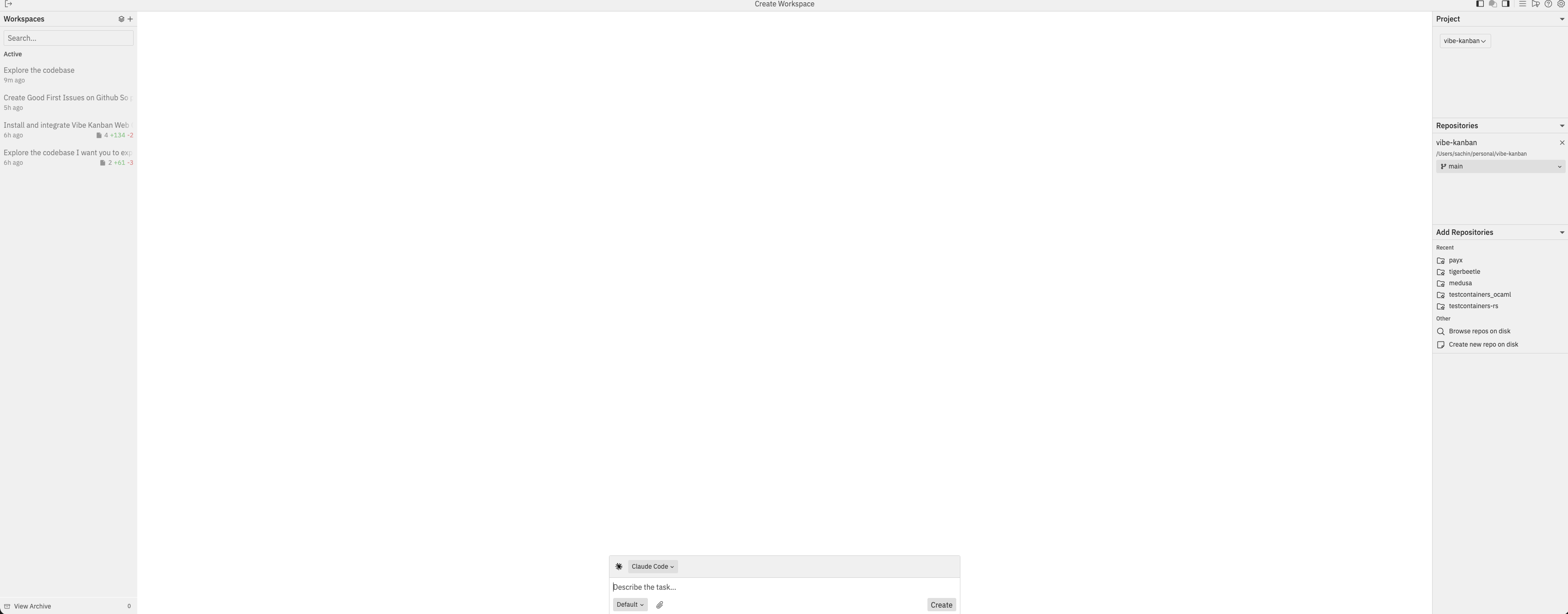 Create workspace view showing project selection, repository list, and task input