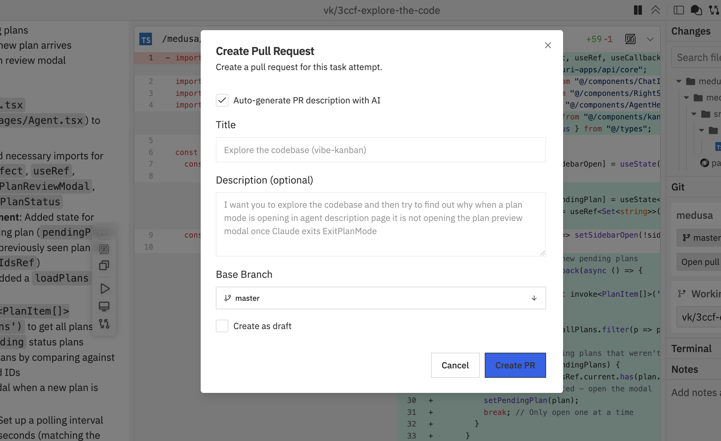 Create pull request dialog with title, description, and draft mode options