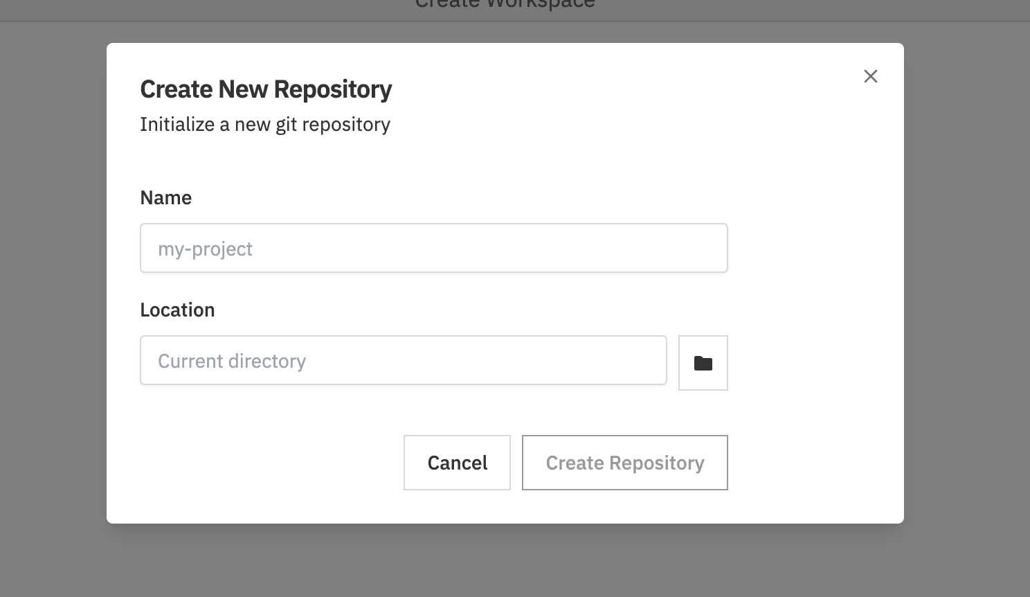 Create New Repository dialog with name and location fields