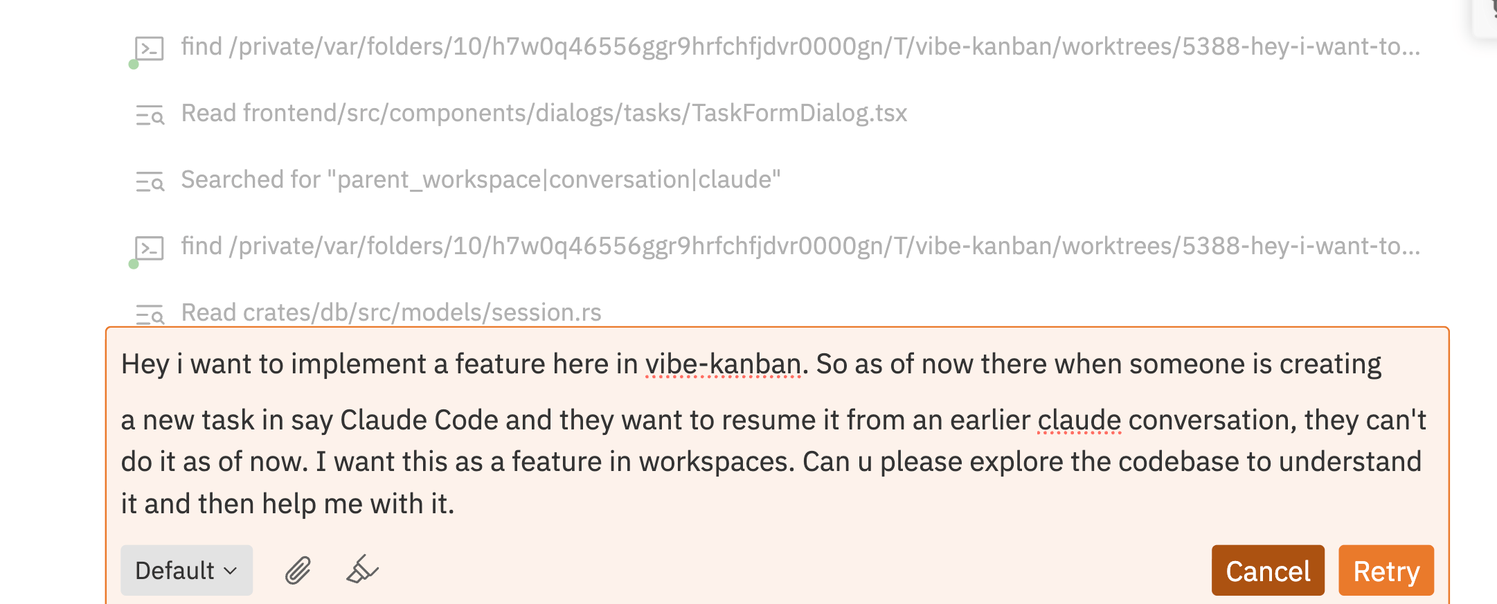 Edit mode showing message in editable text area with Cancel and Retry buttons