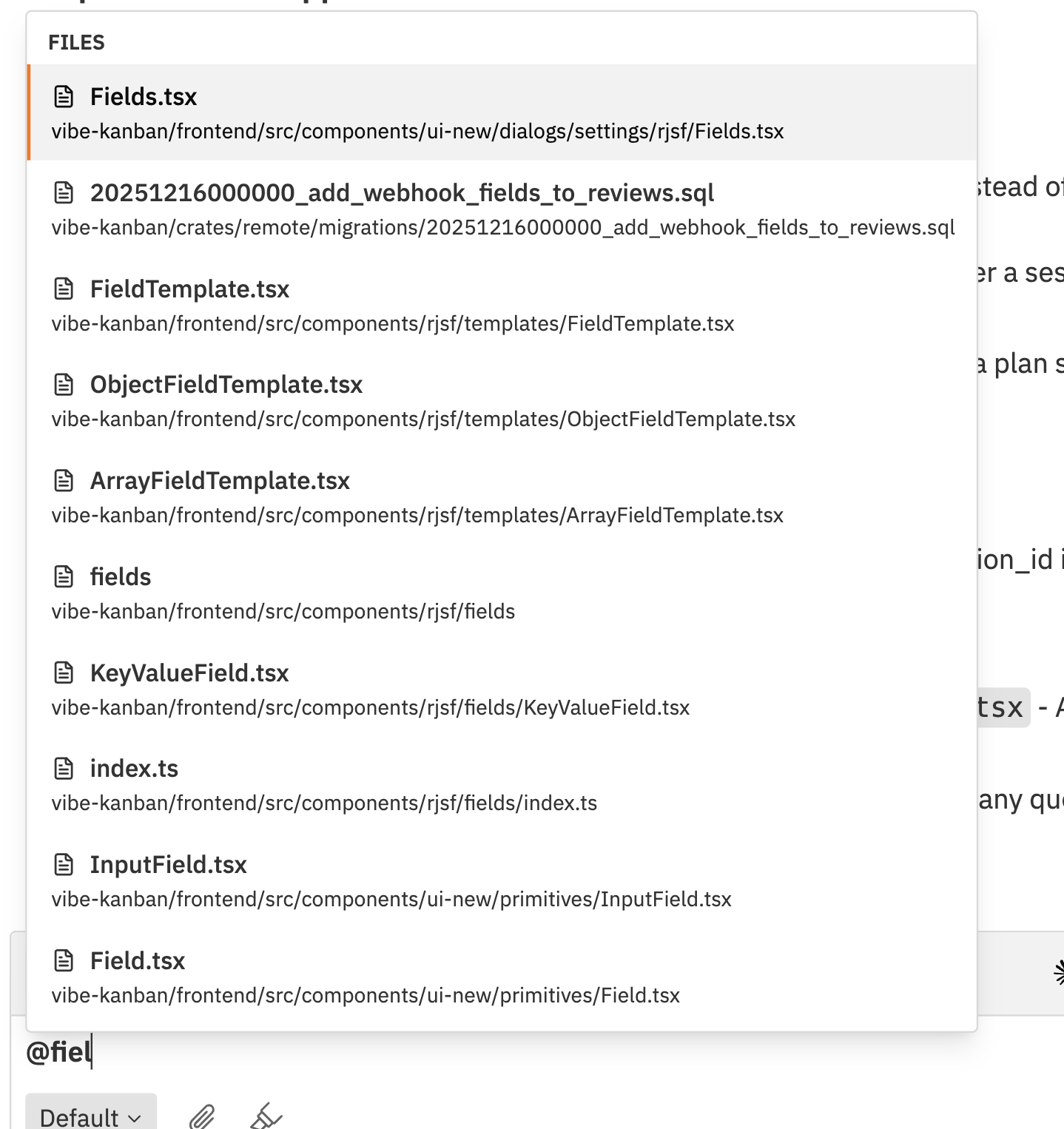 File mentions typeahead showing matching files when typing @
