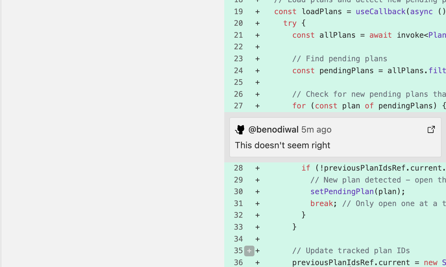 GitHub review comment displayed inline in the diff view