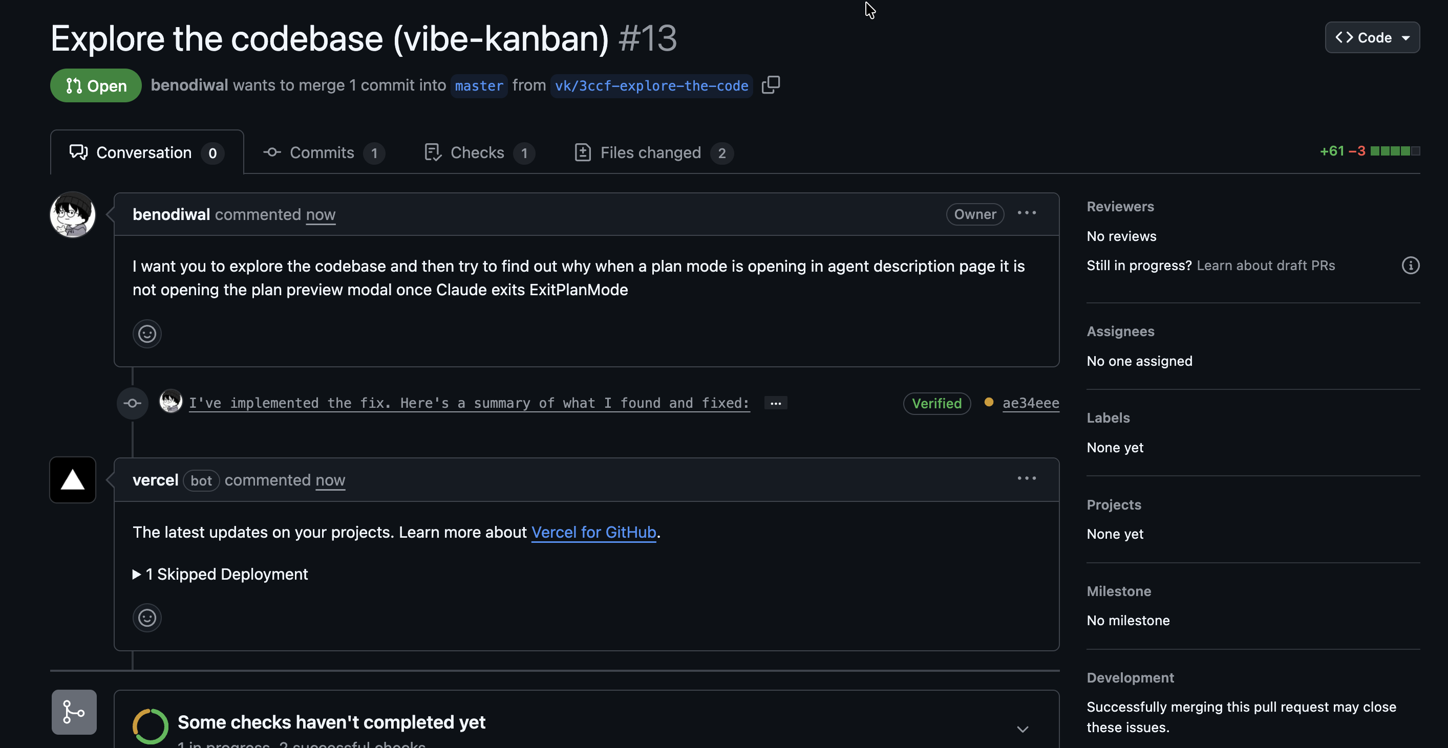 GitHub pull request page showing the created PR with commits, checks, and comments