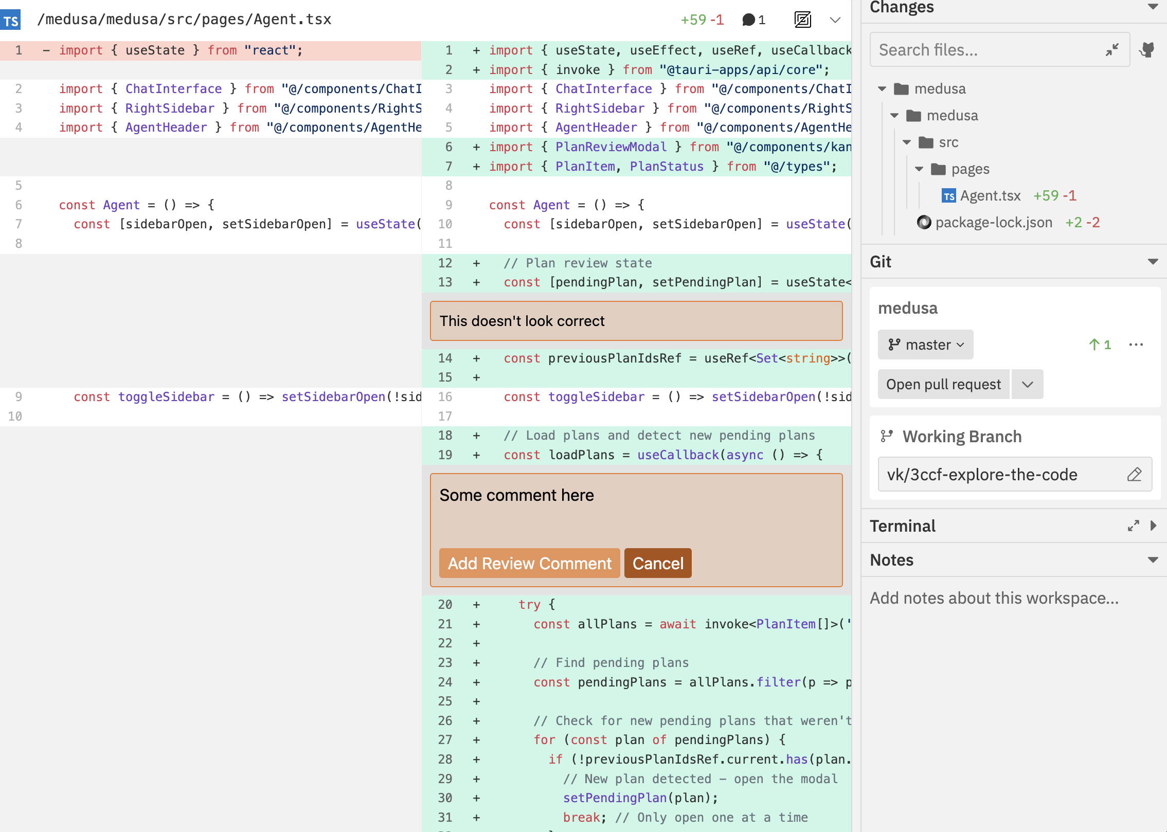 Changes panel showing inline comments on code with Add Review Comment button