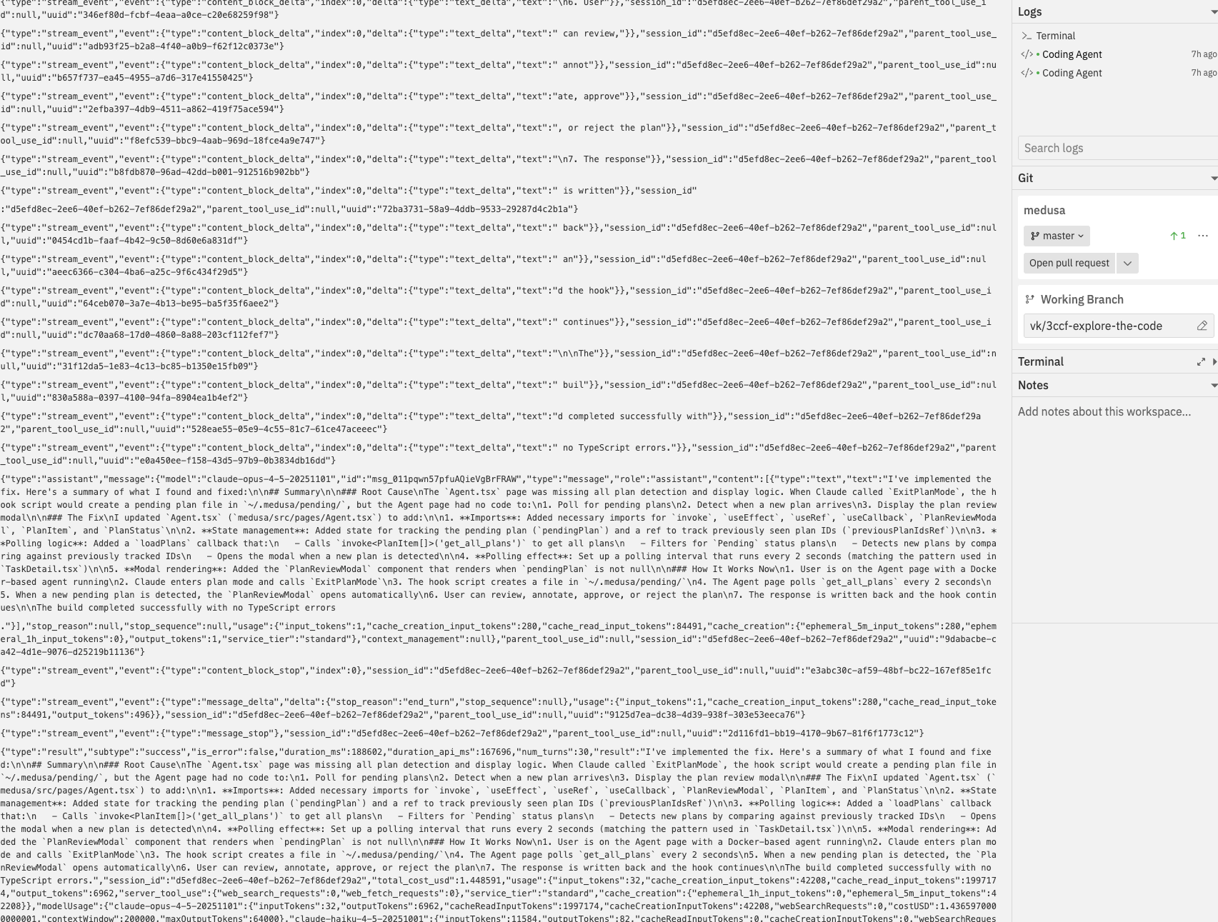 Logs panel showing process output with tabs for different processes