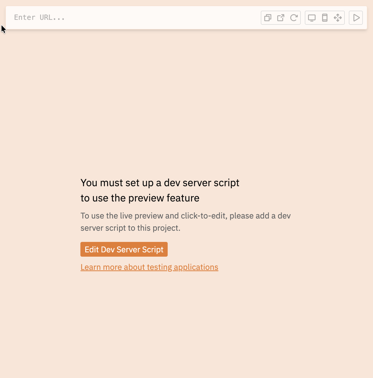 Preview panel showing prompt to set up dev server script with Edit Dev Server Script button
