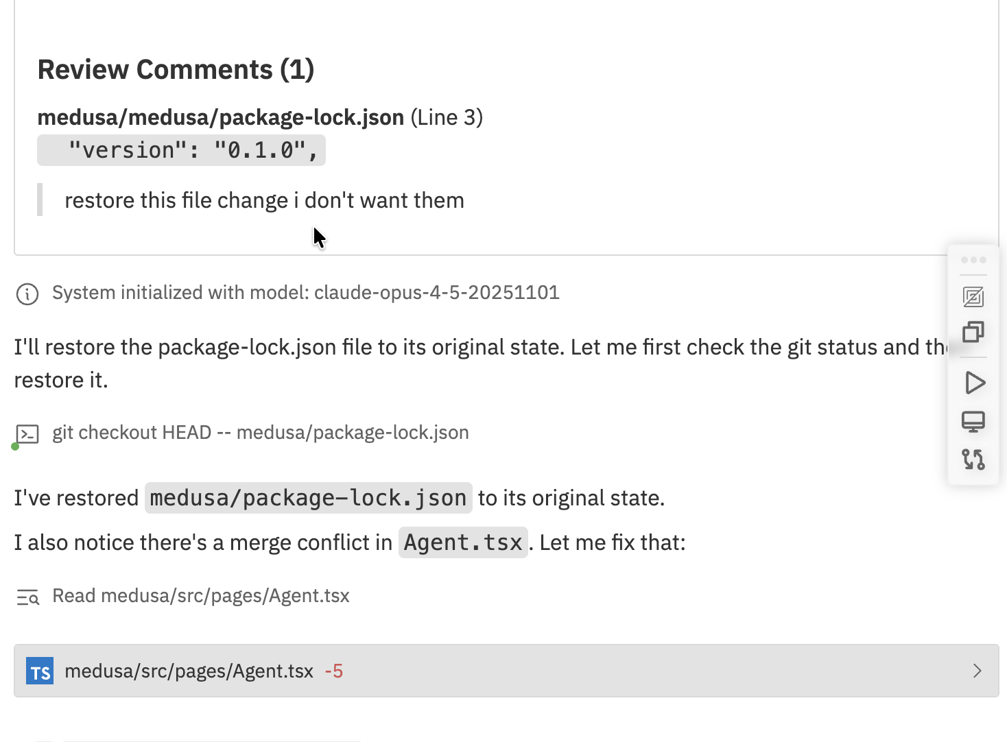 Chat showing agent responding to review comments by restoring a file