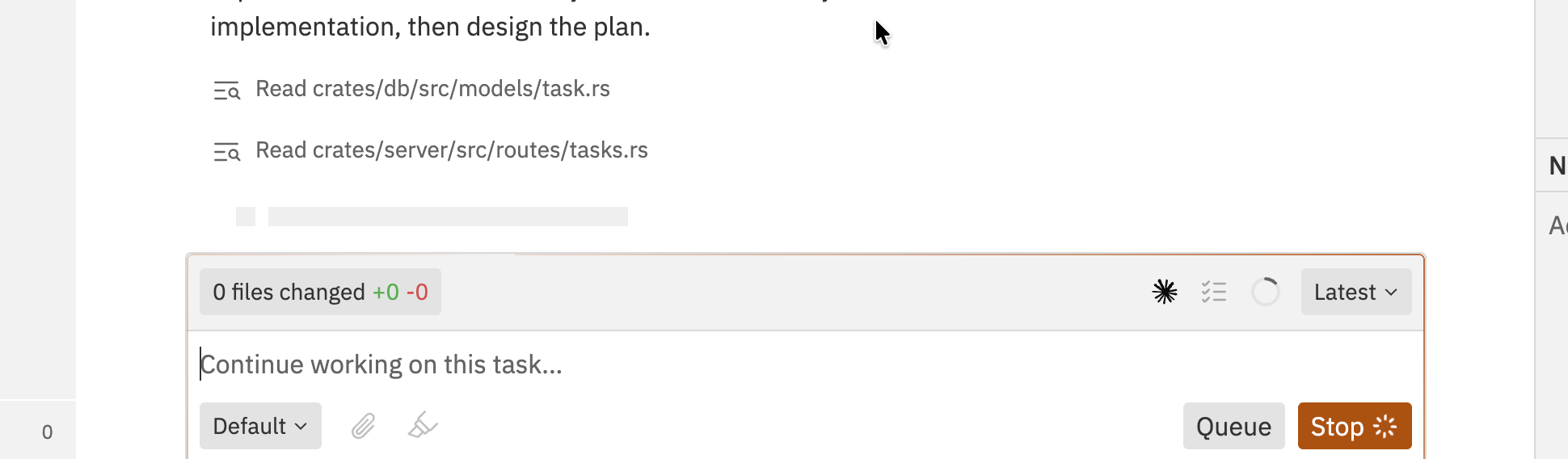 Chat interface in running state showing Queue and Stop buttons