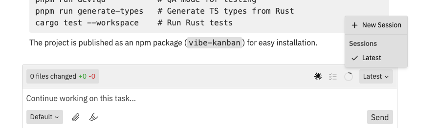 Session dropdown in chat box toolbar showing multiple sessions