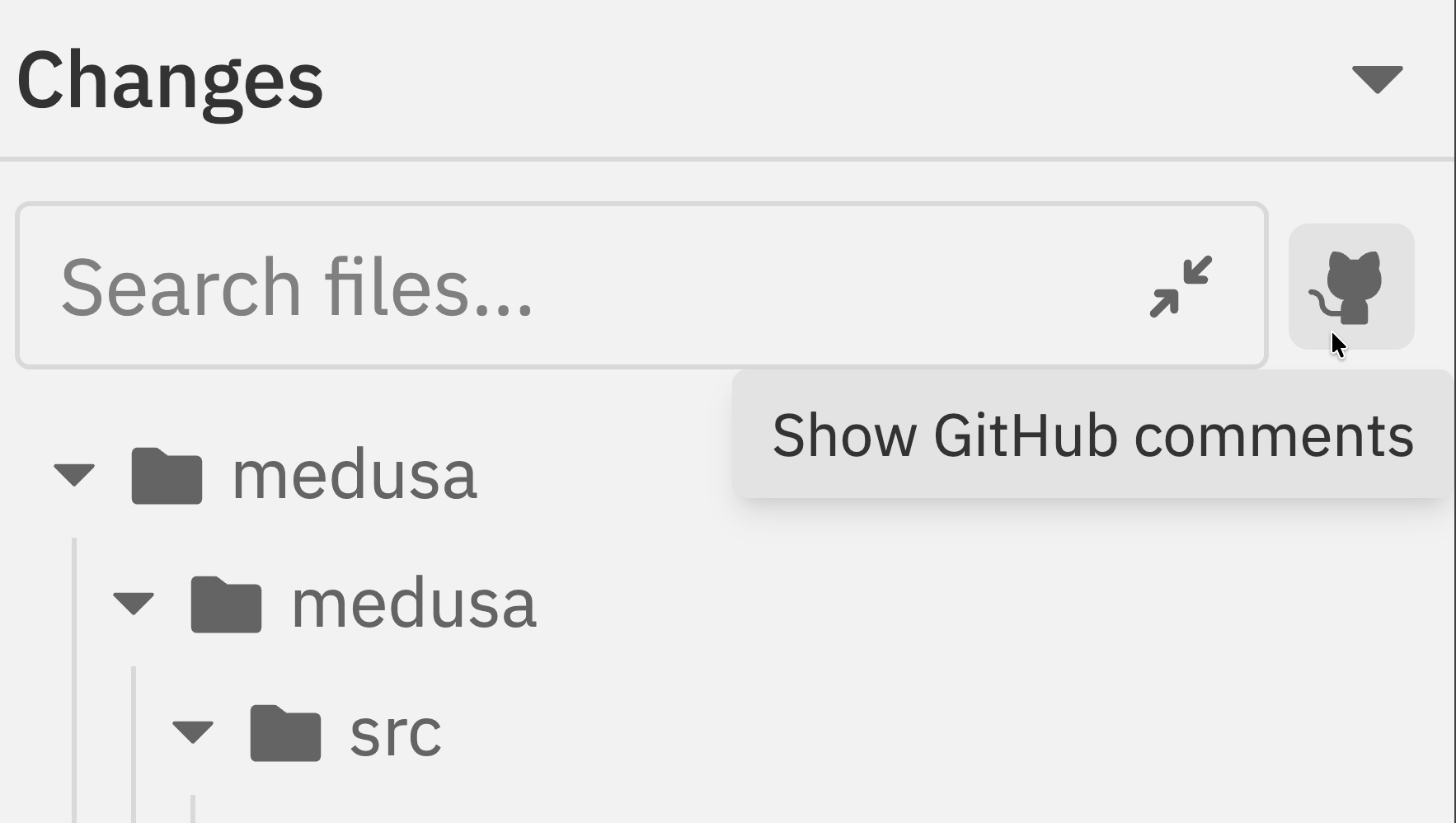 Changes panel showing GitHub icon button with Show GitHub comments tooltip