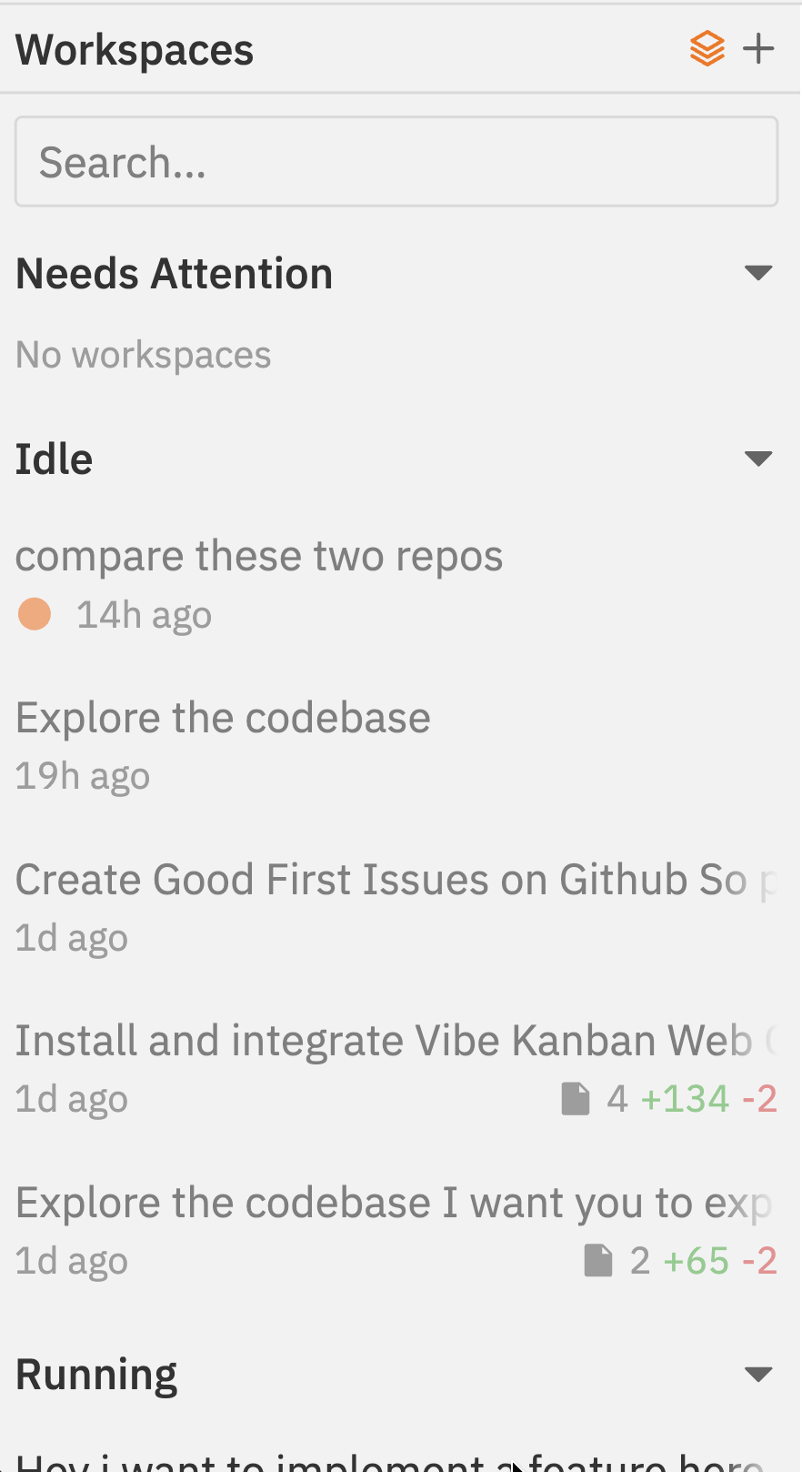 Workspace sidebar in accordion layout grouped by Needs Attention, Idle, and Running