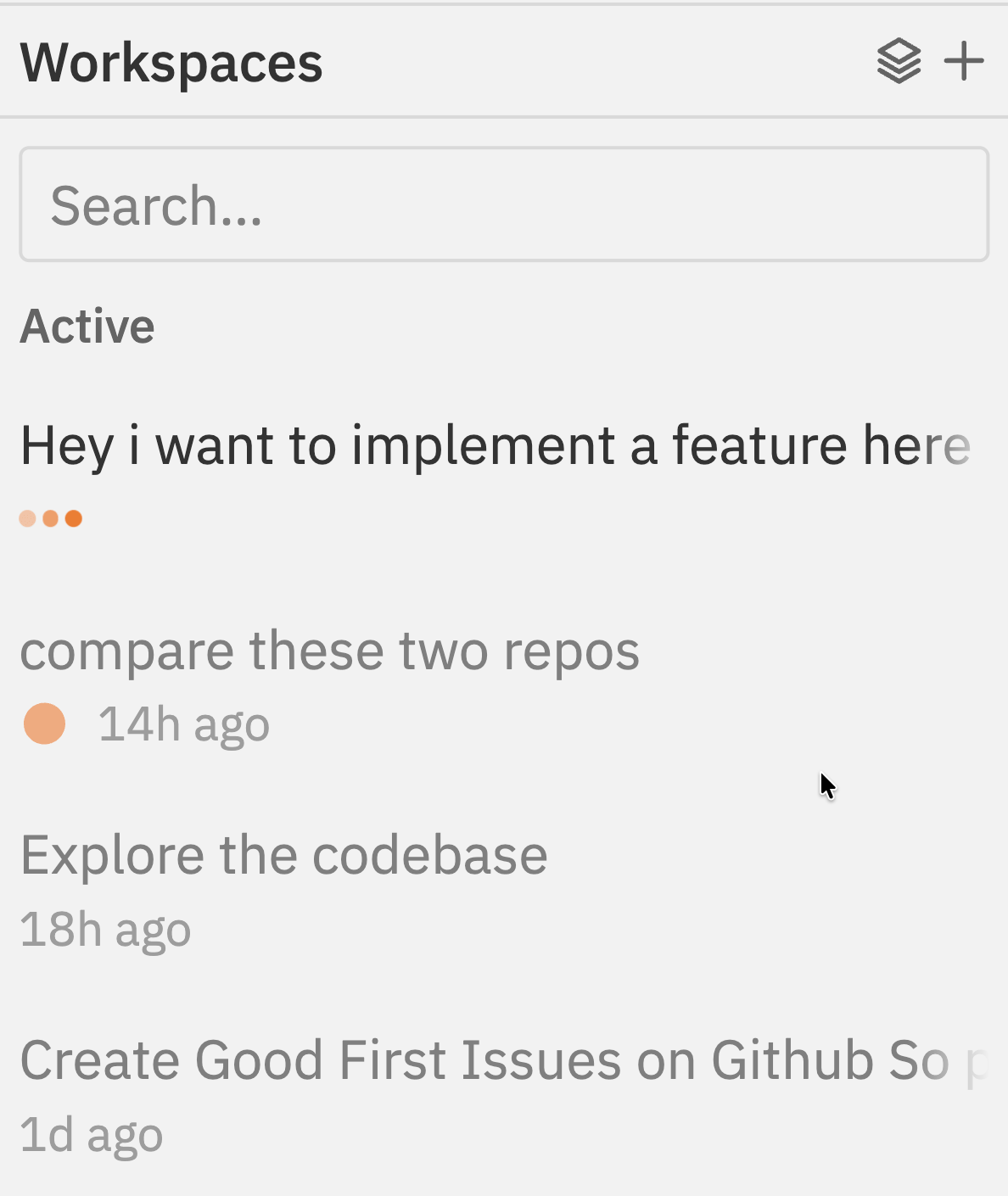 Workspace sidebar in flat list layout showing workspaces with timestamps and change counts