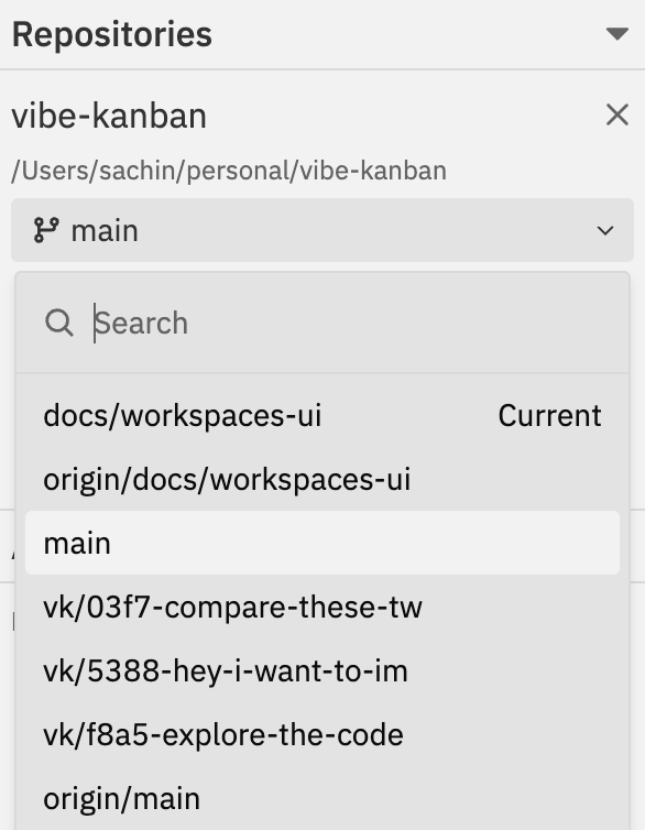 Branch dropdown showing search and list of available branches