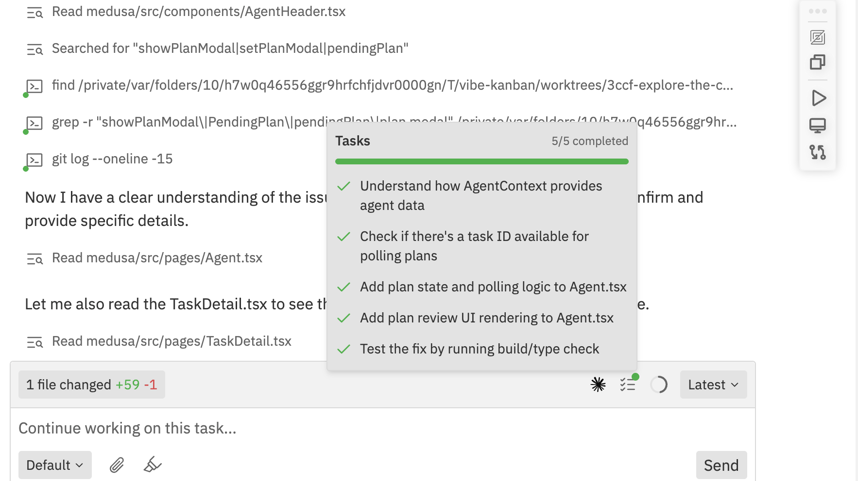 Tasks panel showing 5/5 completed with progress bar and list of individual tasks