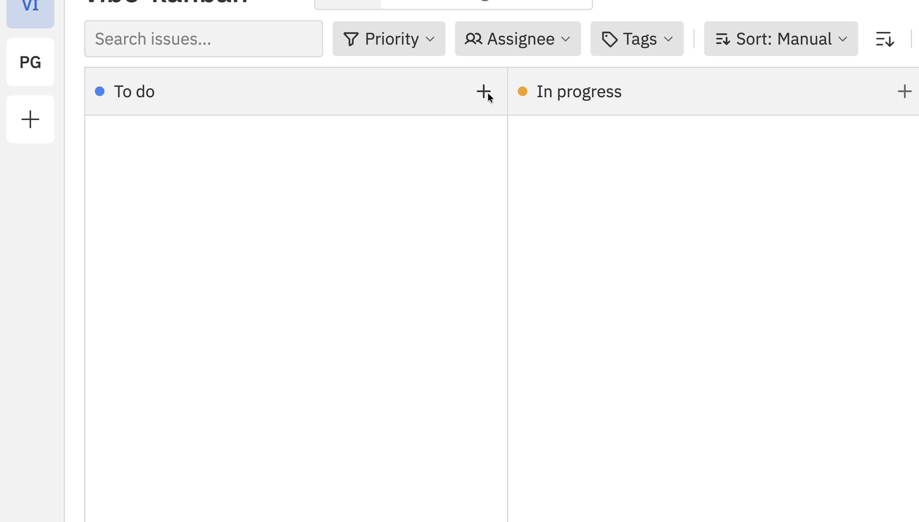 Column header showing the + button to create a new issue