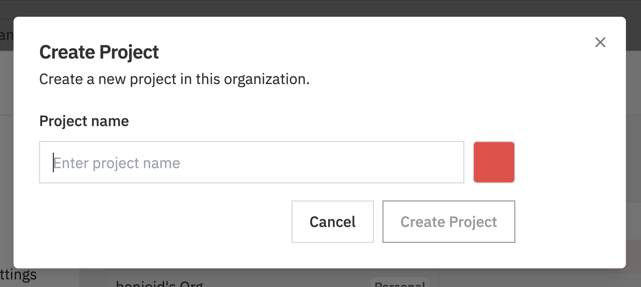 Create Project dialog with name and colour fields